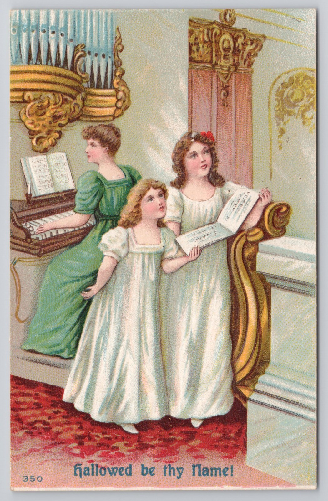 Antique Religious Postcard Choir Girls Pipe Organ Lord\'s Prayer Embossed