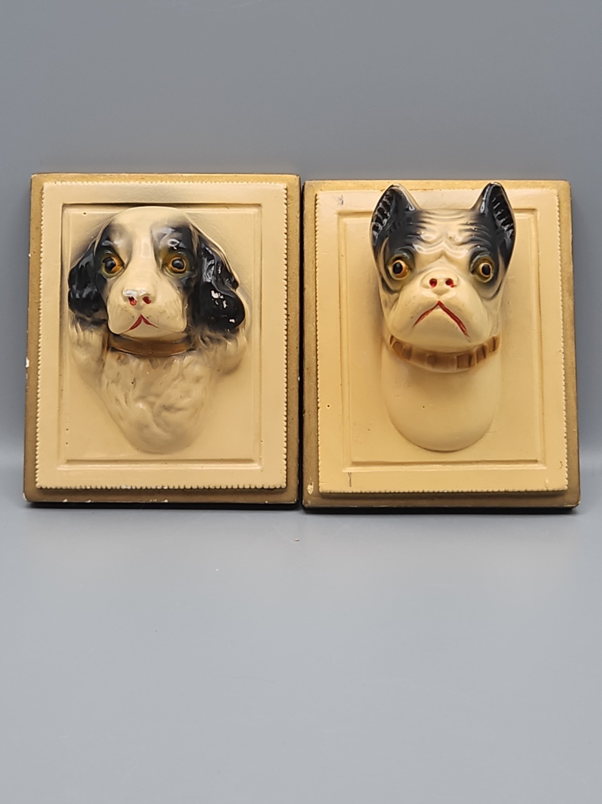 VTG Chalkware Style Wall Dog Hangings, Cavalier King Charles, Boston Terrier