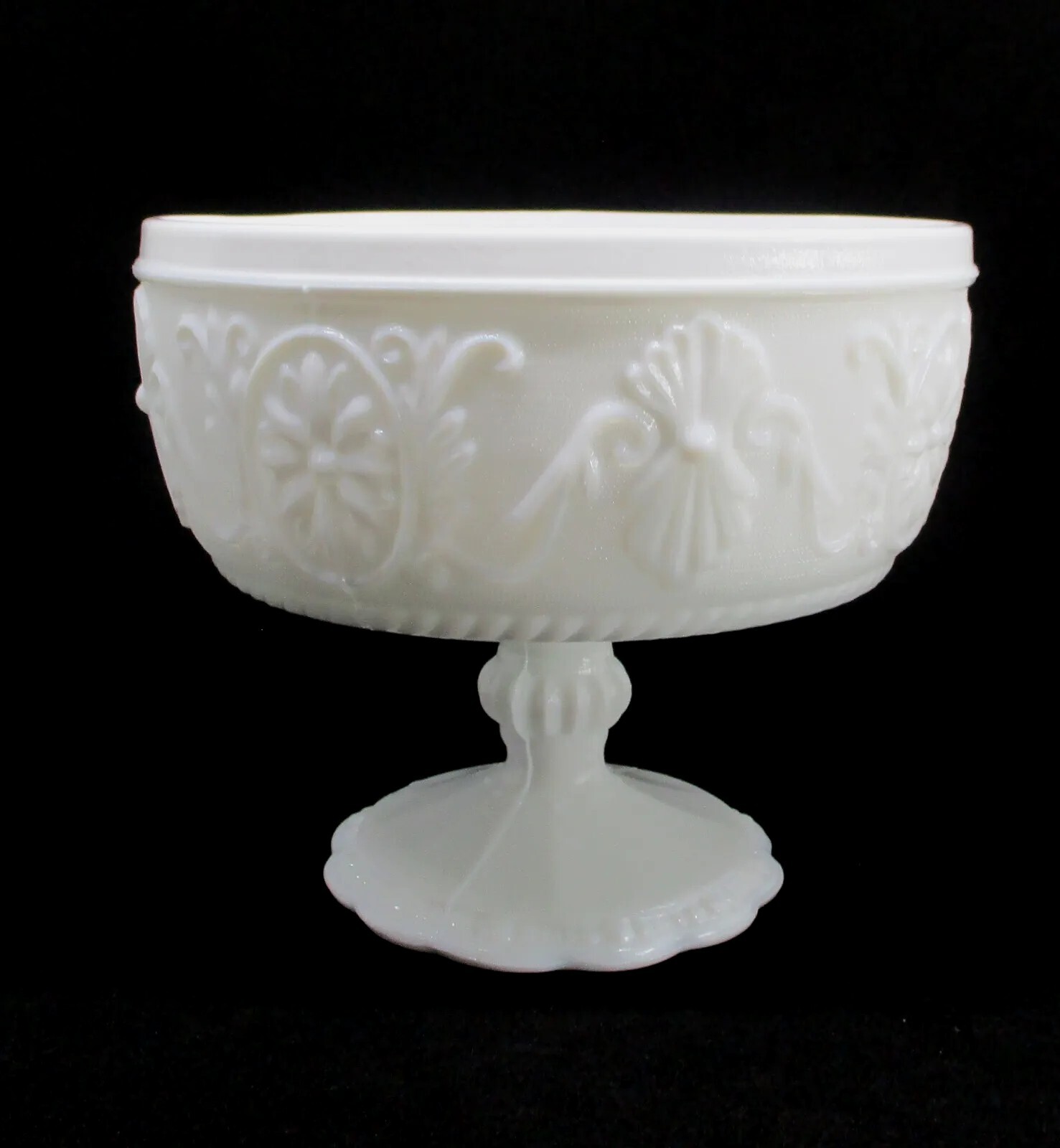 Textured Flower Design White Milk Glass Pedestal Compote Candy Fruit Dish VTG