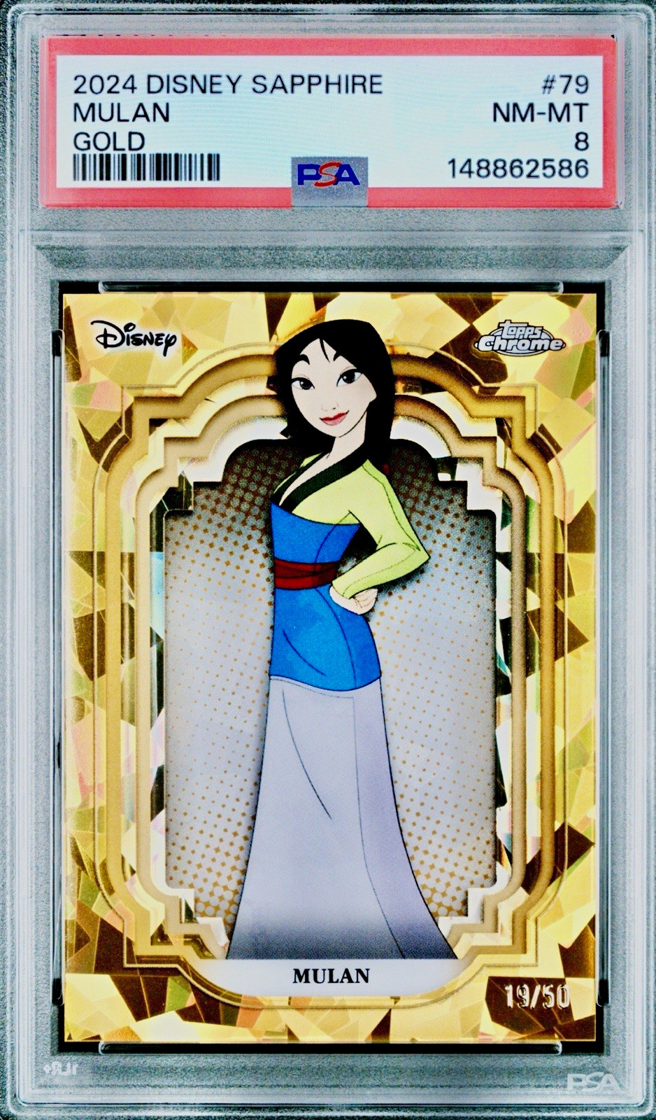 Mulan Topps 2024 Disney Sapphire Gold #79 19/50 PSA 8