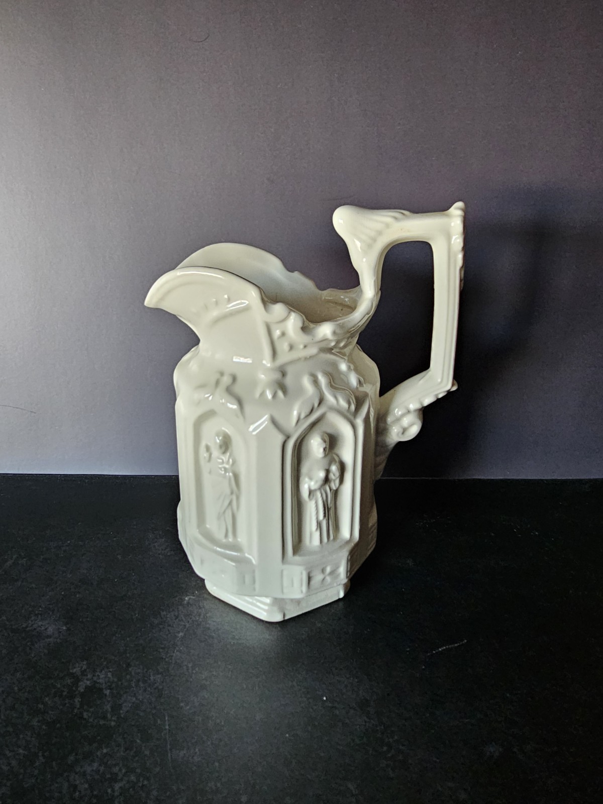 Vintage Gothic Figural Saints Pitcher White Glaze Ceramic 3D 5.75