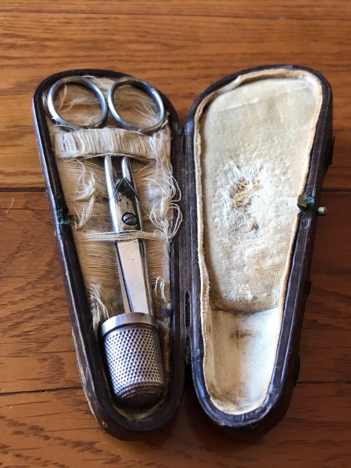 Antique French Figural Scissor Case Fitted Set 1925 Silver Thimble JC&S B\'Ham Antique French Figural Scissor Case Fitted Set 1925 Silver Thimble JC&S B\'Ham