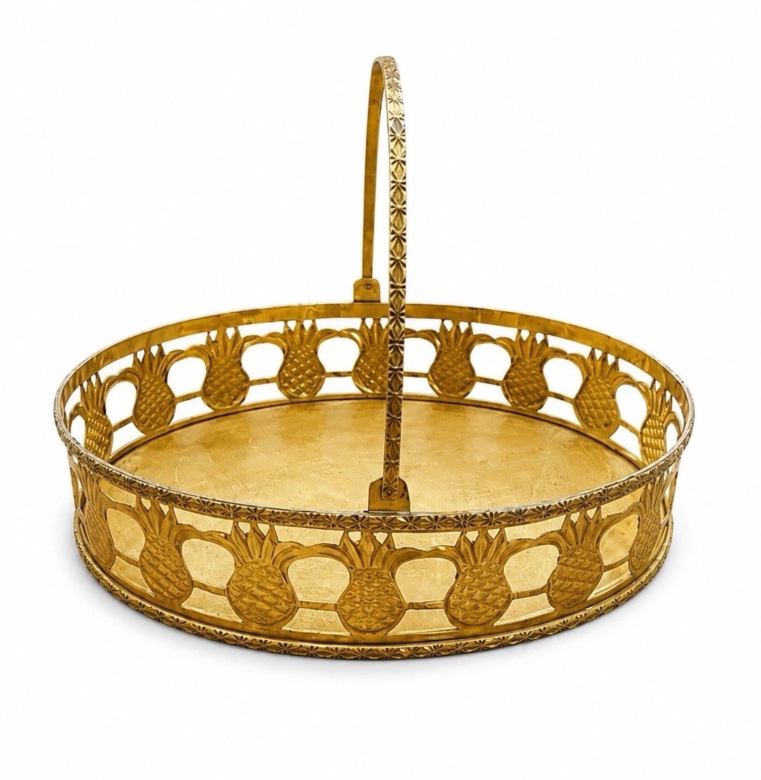 Vintage Brass Pineapple Basket Swing Handle Fruit Basket Hollywood Regency 10”