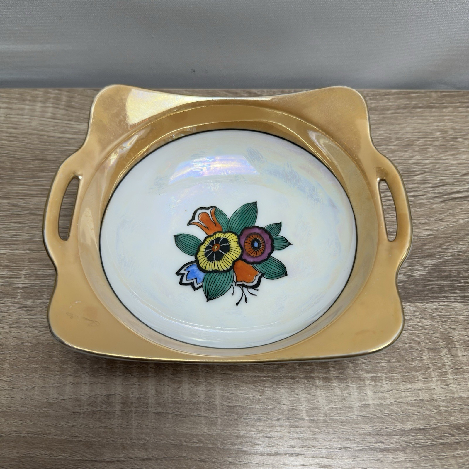 Noritake Morimura Lusterware Dish 8 Inch Square Handled Floral Gold Peach Japan