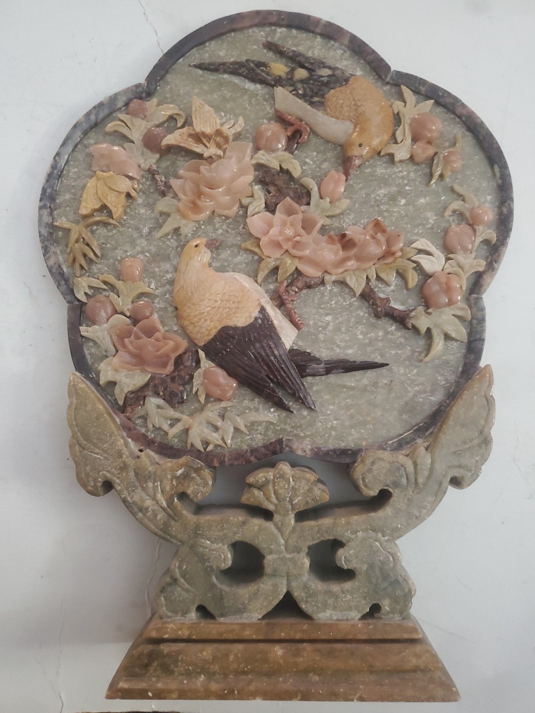 Vtg Detailed Hand Carved Soapstone Table Sceen Birds Butterflys Flowers 10 Vtg Detailed Hand Carved Soapstone Table Sceen Birds Butterflys Flowers 10