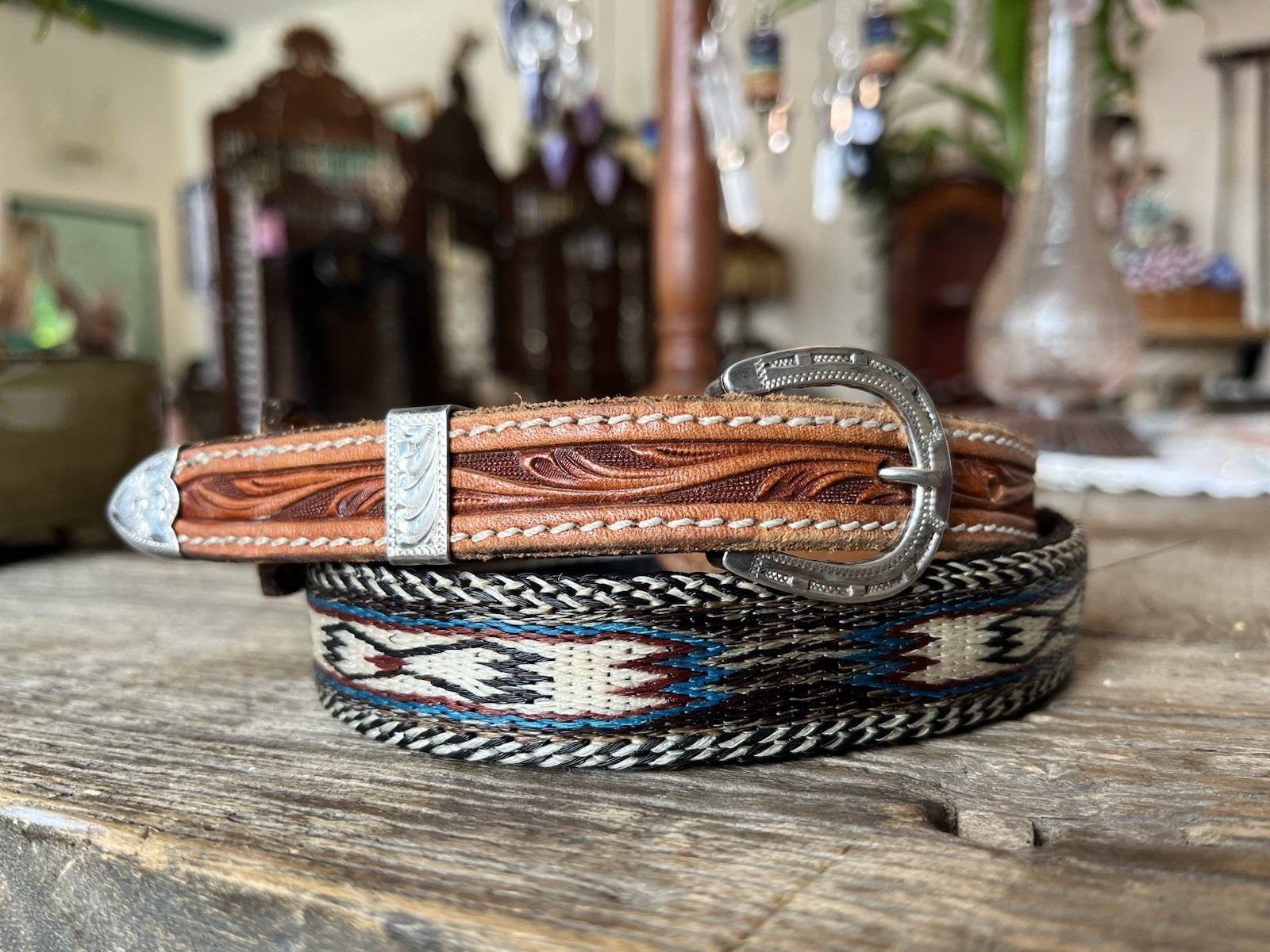 Diablo Sterling Buckle Set Horsehair Hitched Tooled Belt Cowboy American Western