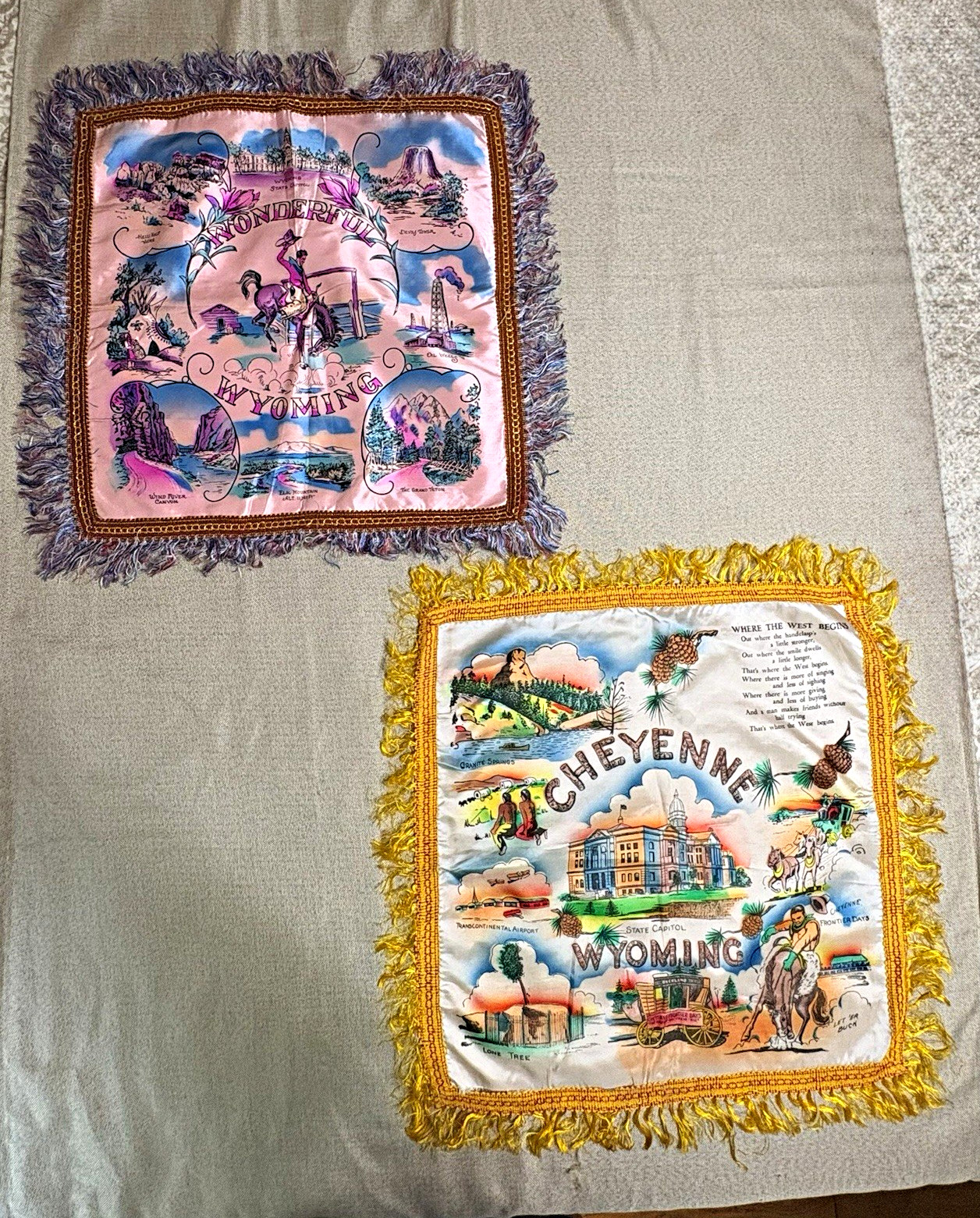 2 Vintage Wyoming Satin Souvenir Pillow Covers Cheyenne Western Cowboy Fringe