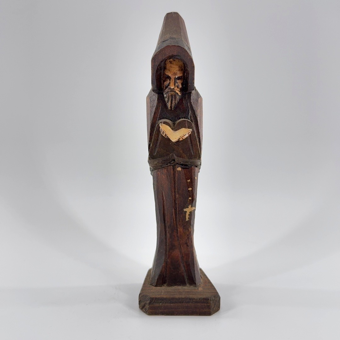 Vintage Hand Carved Wood Monk Friar Statue Religious Folk Art Figure