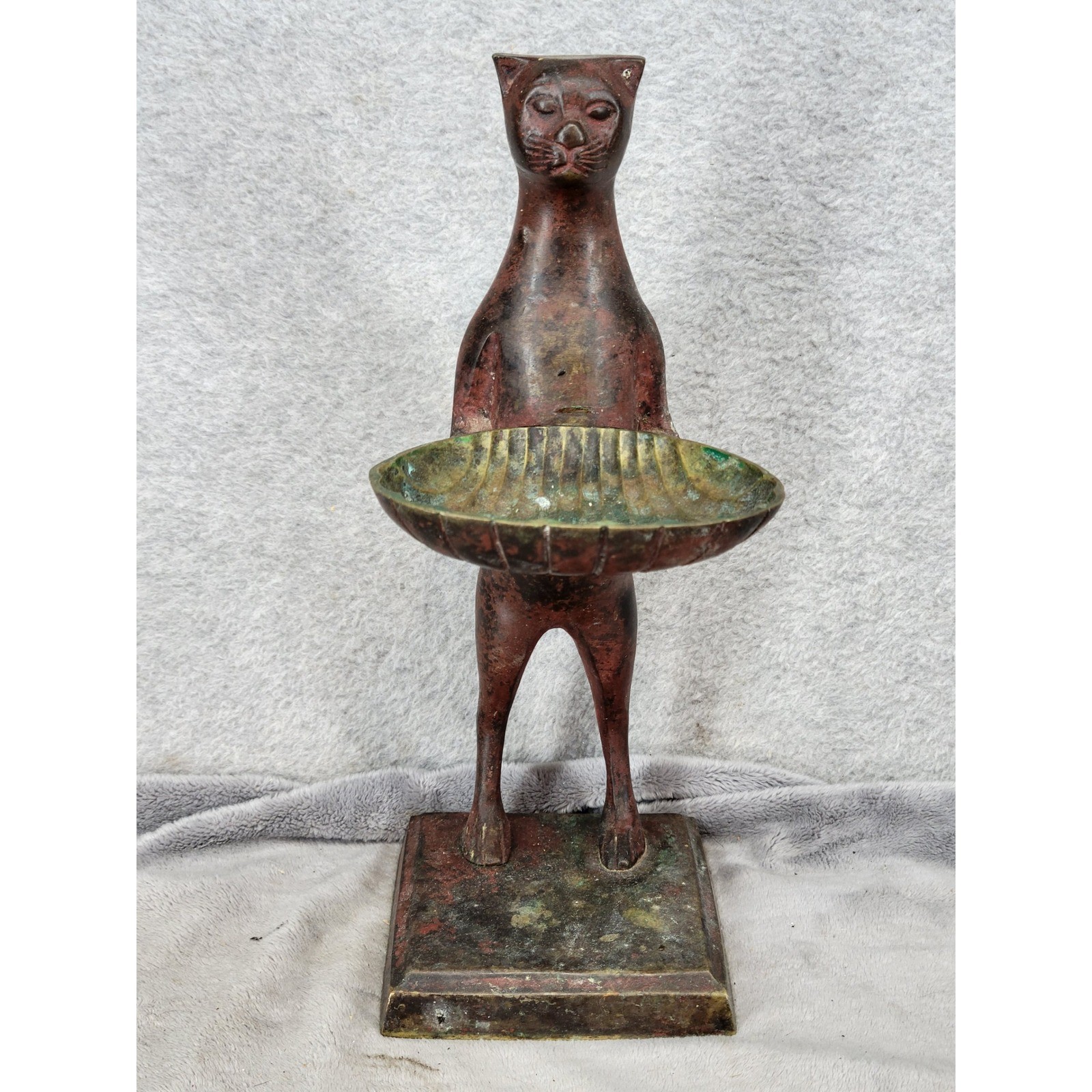 Vintage Bronze Cat Figurine Standing Holding Shell Bowl Valet Tray 11\