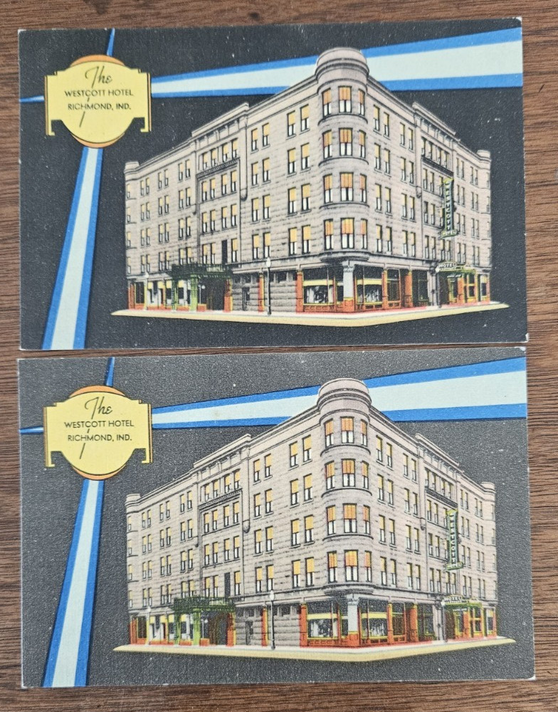 1948 Richmond IN, Westcott Hotel, 2 Vintage Postcards Indiana to Ft. Madison, IA