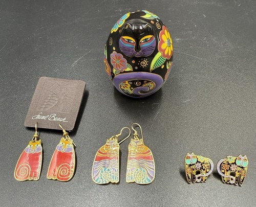 Vintage Laurel Burch Cat Earrings Lot & 1996 Flowering Feline Figurine