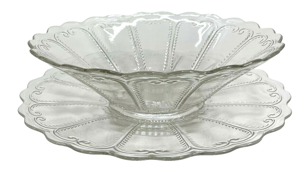 Vintage Crystal Clear Glass Serving Bowl & Underplate Depression Glass 10.5 Vintage Crystal Clear Glass Serving Bowl & Underplate Depression Glass 10.5