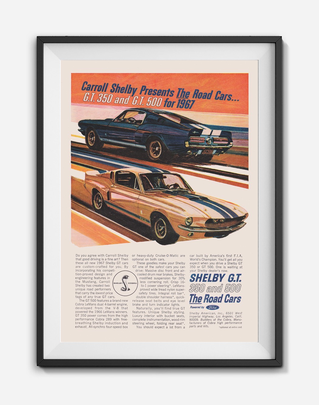 1967 Shelby Mustang GT500 GT350 Vintage Ad Poster Restored Wall Art Print