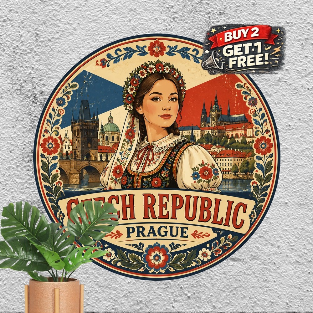 Prague Czech Republic Traditional Folk Costume Round Metal Sign 8x8