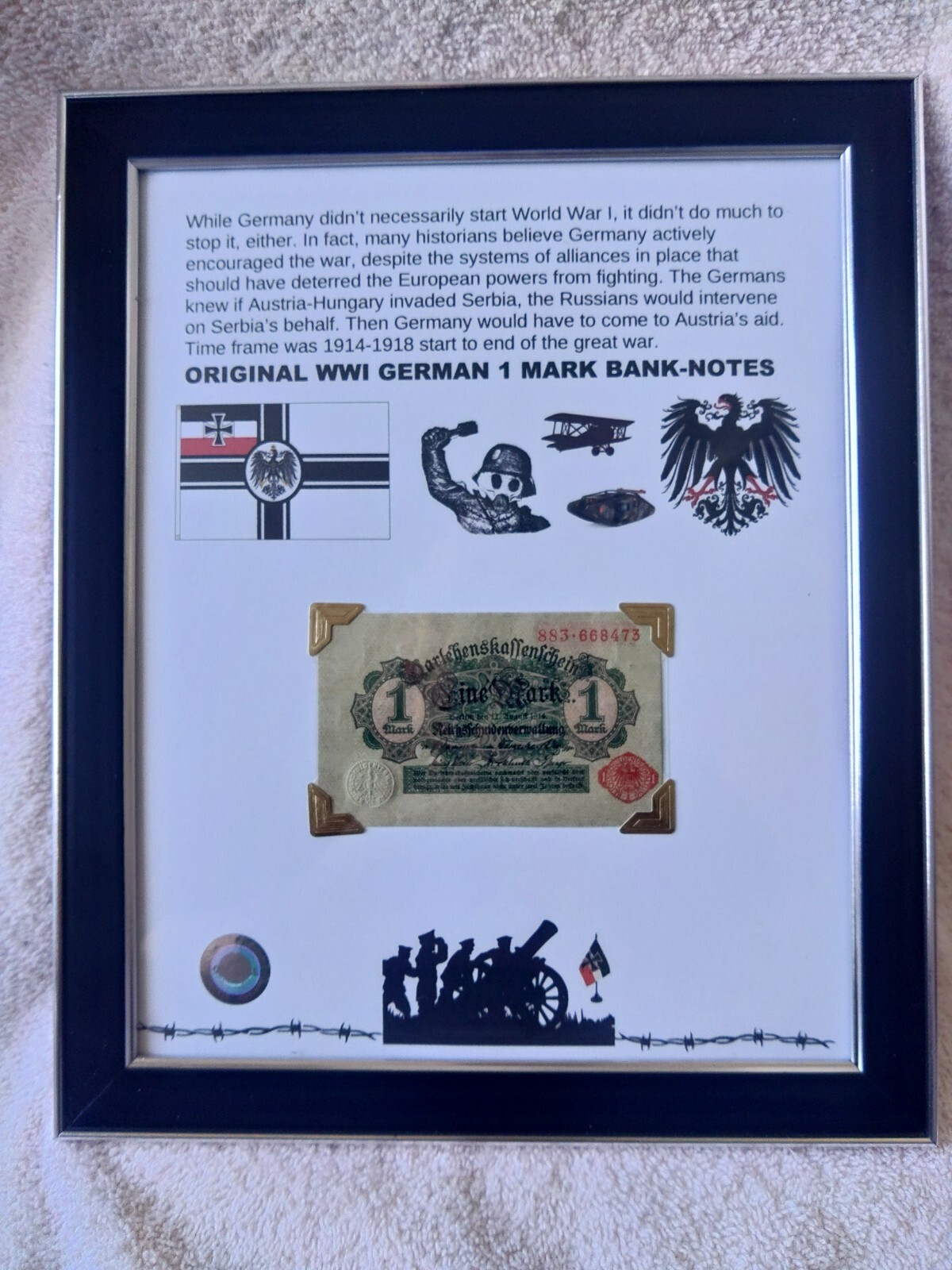 WWI 1914 un-circulated german 1 mark custom framed original one of a kind nice