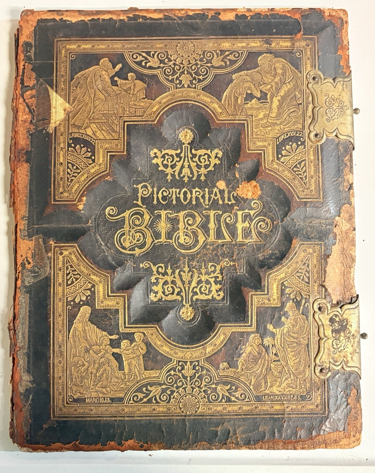 1891 Holman Pictorial Bible Leather Cover Only Brass Clasps Victorian Antique