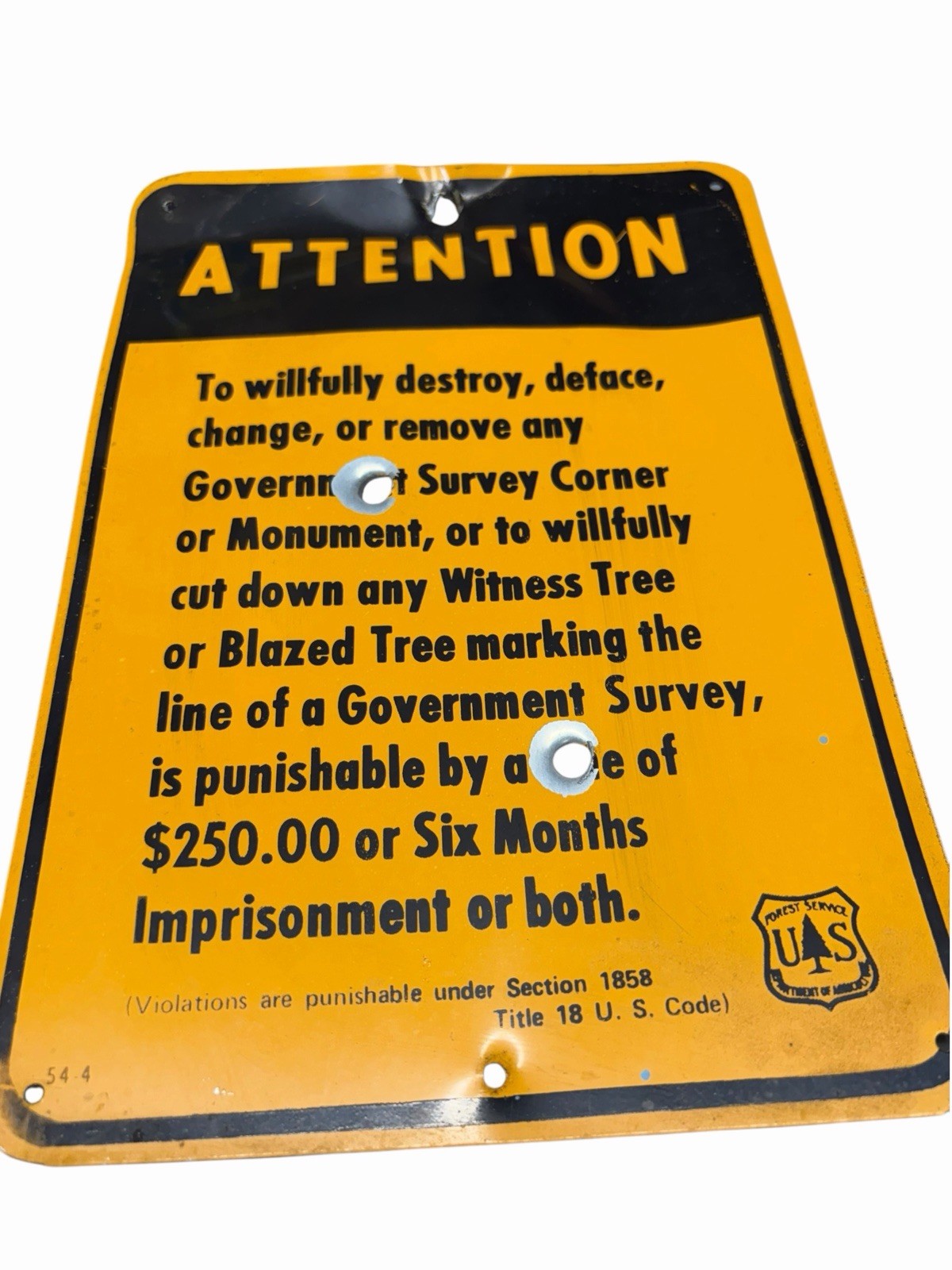 Vintage US Forest Service Government Survey Marker Sign USFS $250 Fine Metal