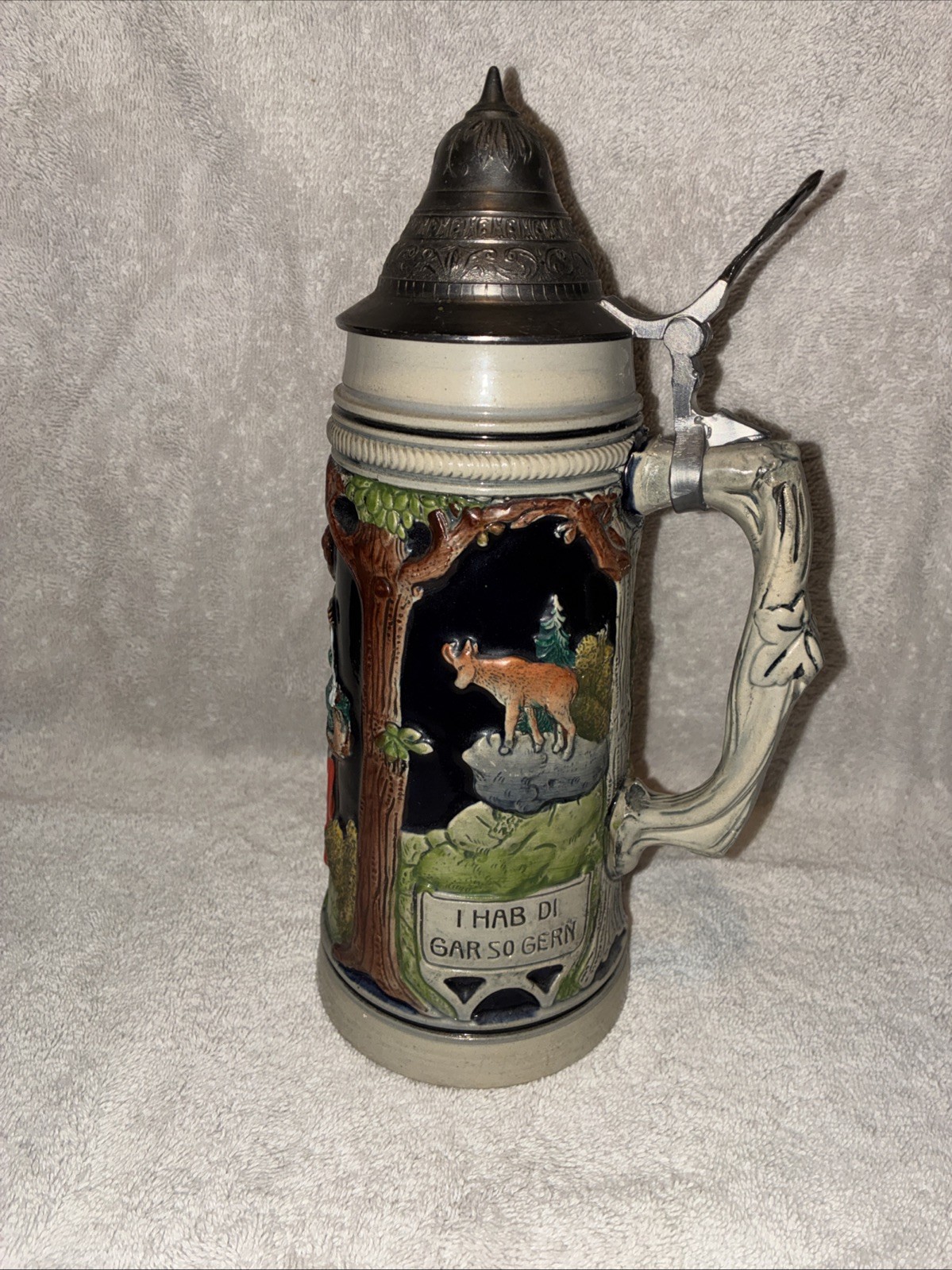 Thewalt Vintage West Germany Pottery Beer Stein Relief Pewter Lid Hand Painted