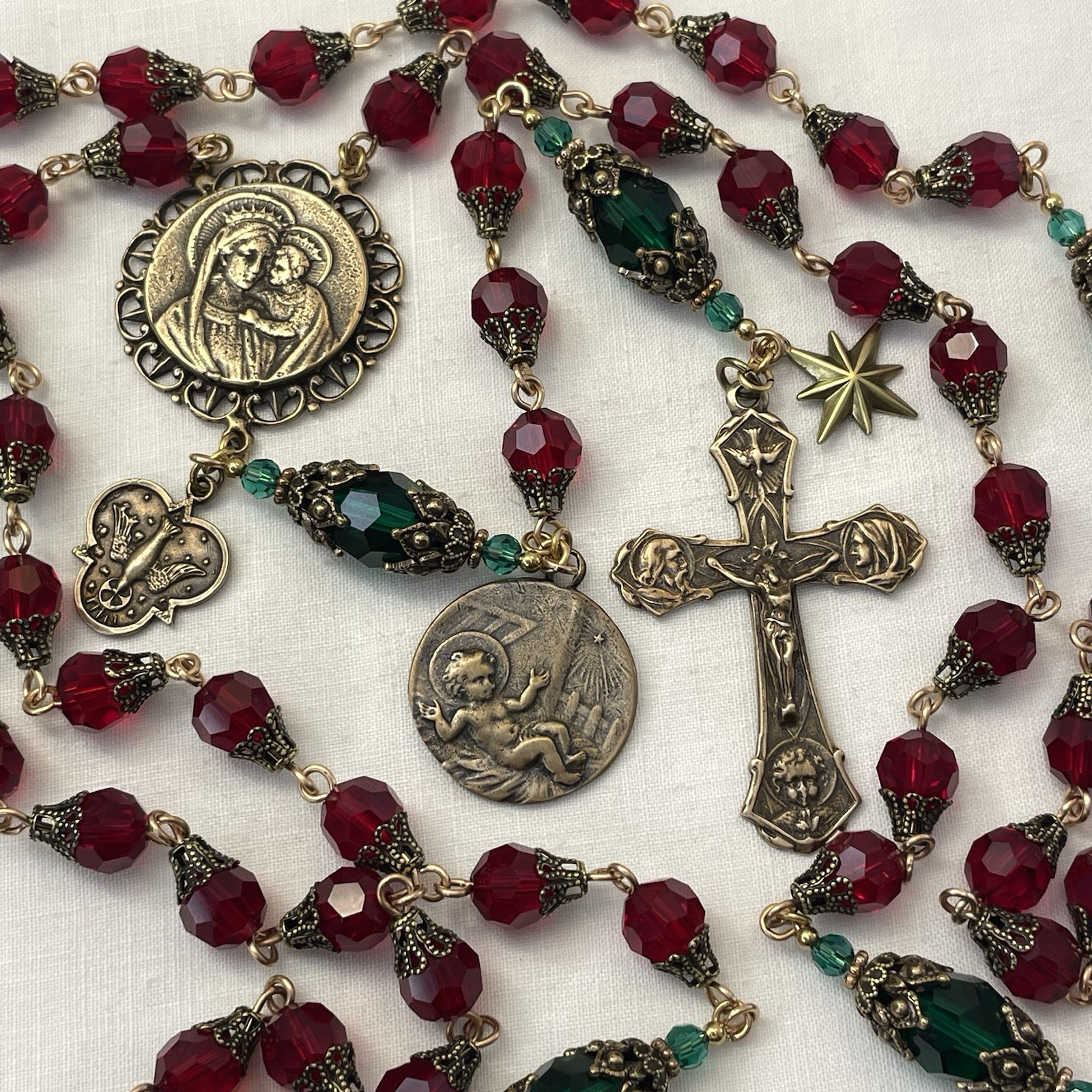 Christmas Rosary: Bronze Holy Family Crucifix, Red & Emerald Crystal