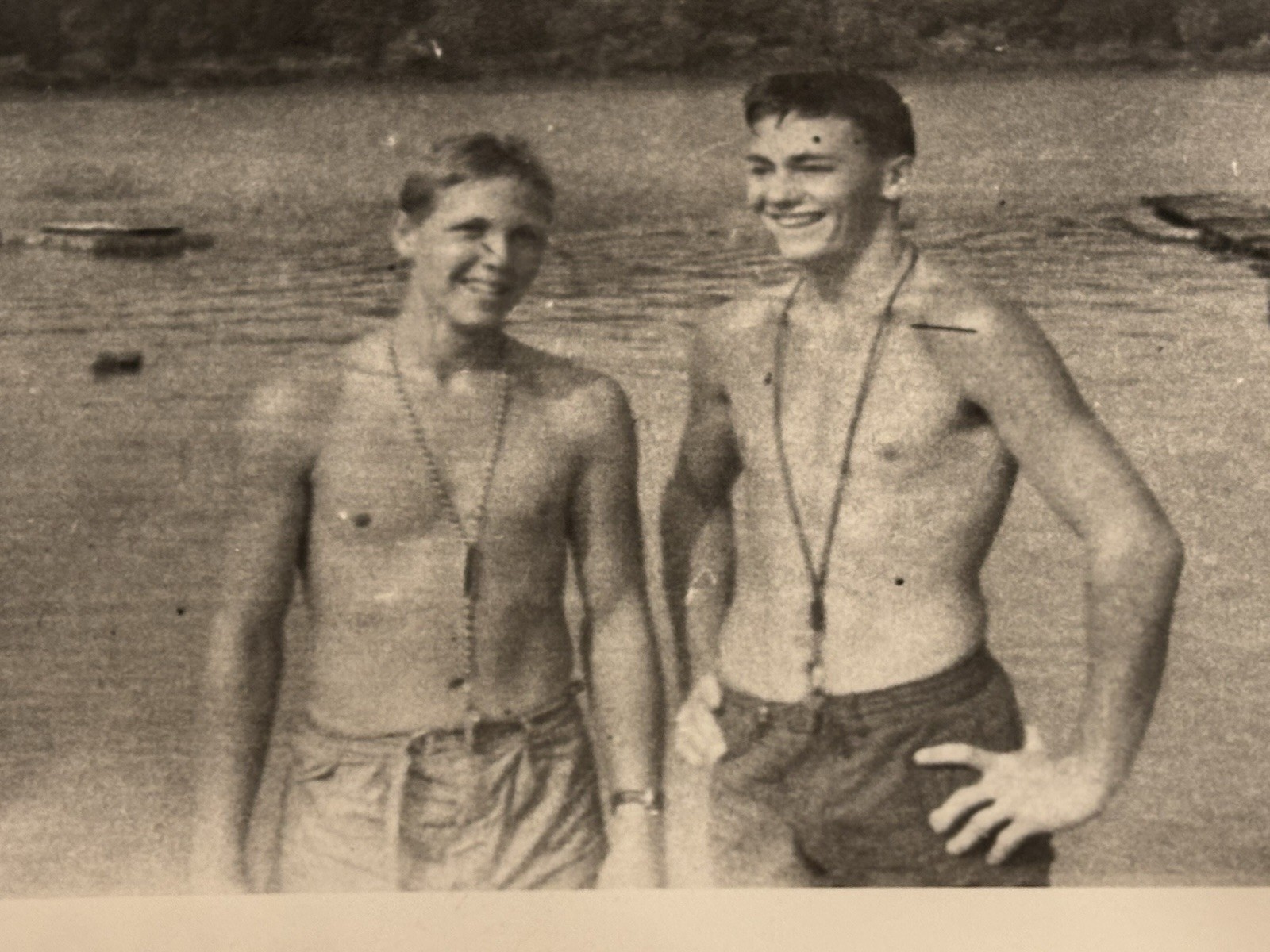 Vintage Photo Young Men Shirtless Handsome Lake, 4”x2.5” B&W, C1950’s