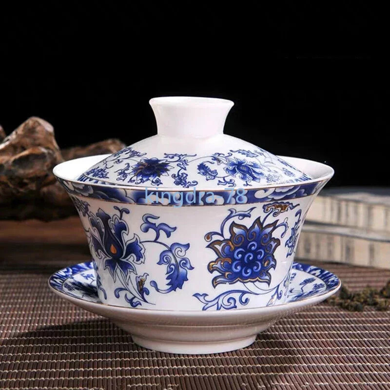Jingdezhen Blue and White Porcelain Teacup Chinese Sancai Gaiwan Set Ceramic