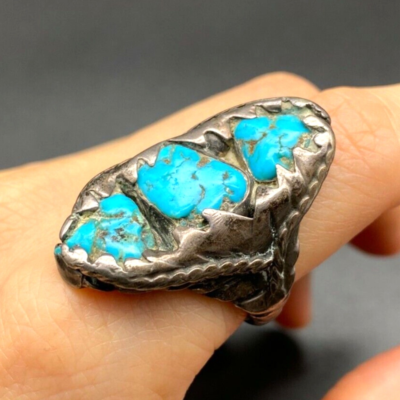 Vintage Navajo Native Turquoise Twist Silver Ring Size 9.25