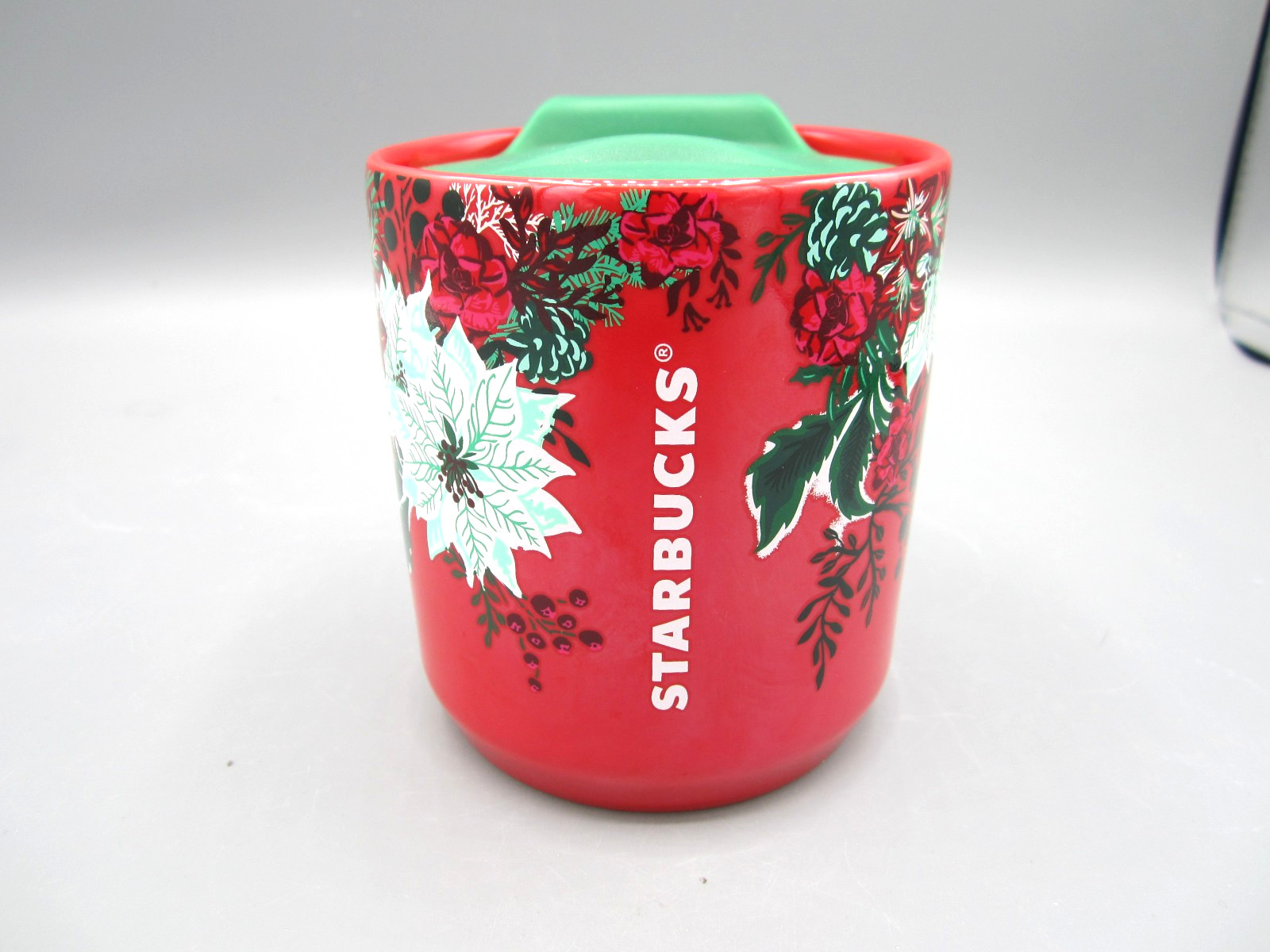 Starbucks Christmas White Poinsettia Red Green Tea Coffee Travel Mug 8 oz  (707)