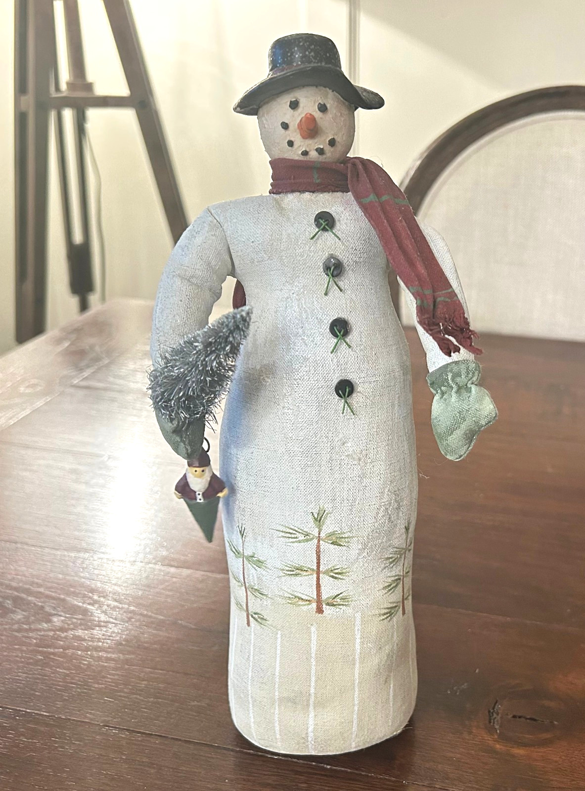 Primative Painted Canvas SNOWMAN w/Clay Head 12\