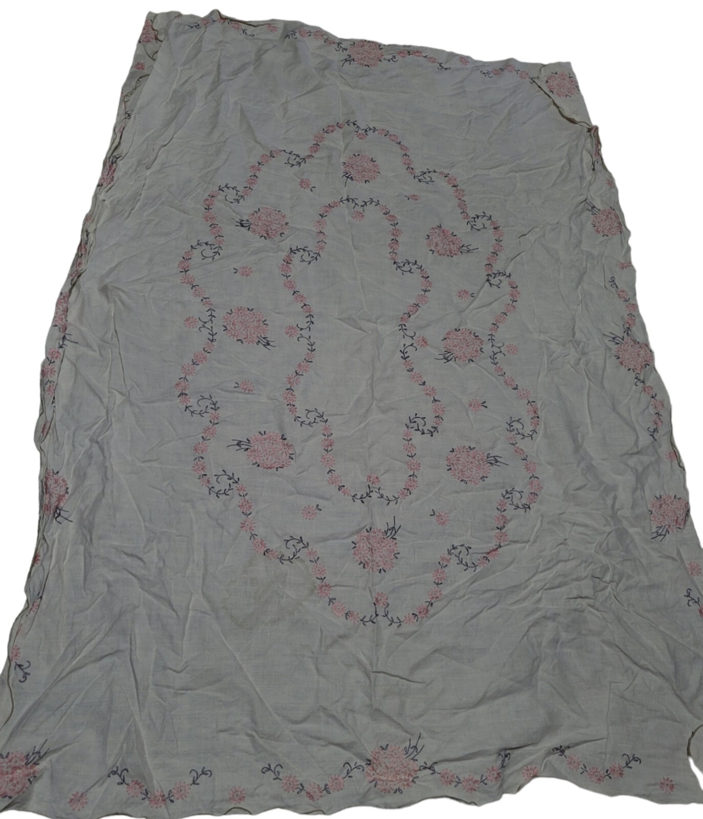  1950s White Hand Stitched Pink Grey Embroidered Flowers 47x62 in Vintage