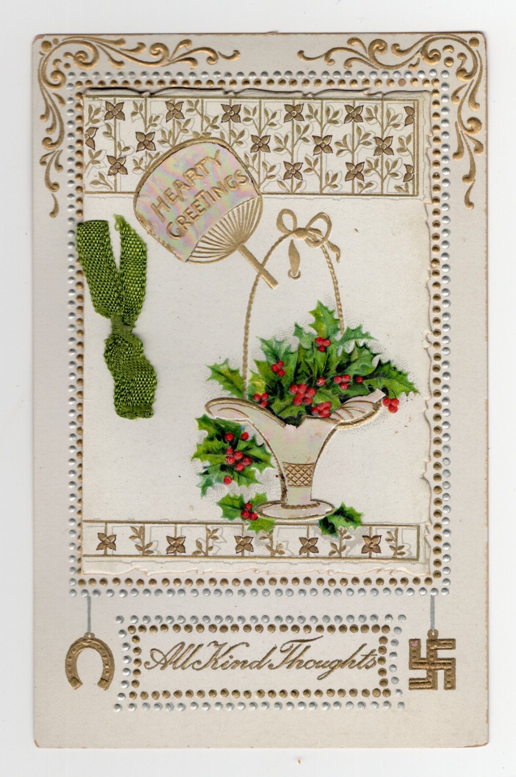 Vintage Christmas Postcard Mechanical Fold Out Holly Horseshoe Swastika