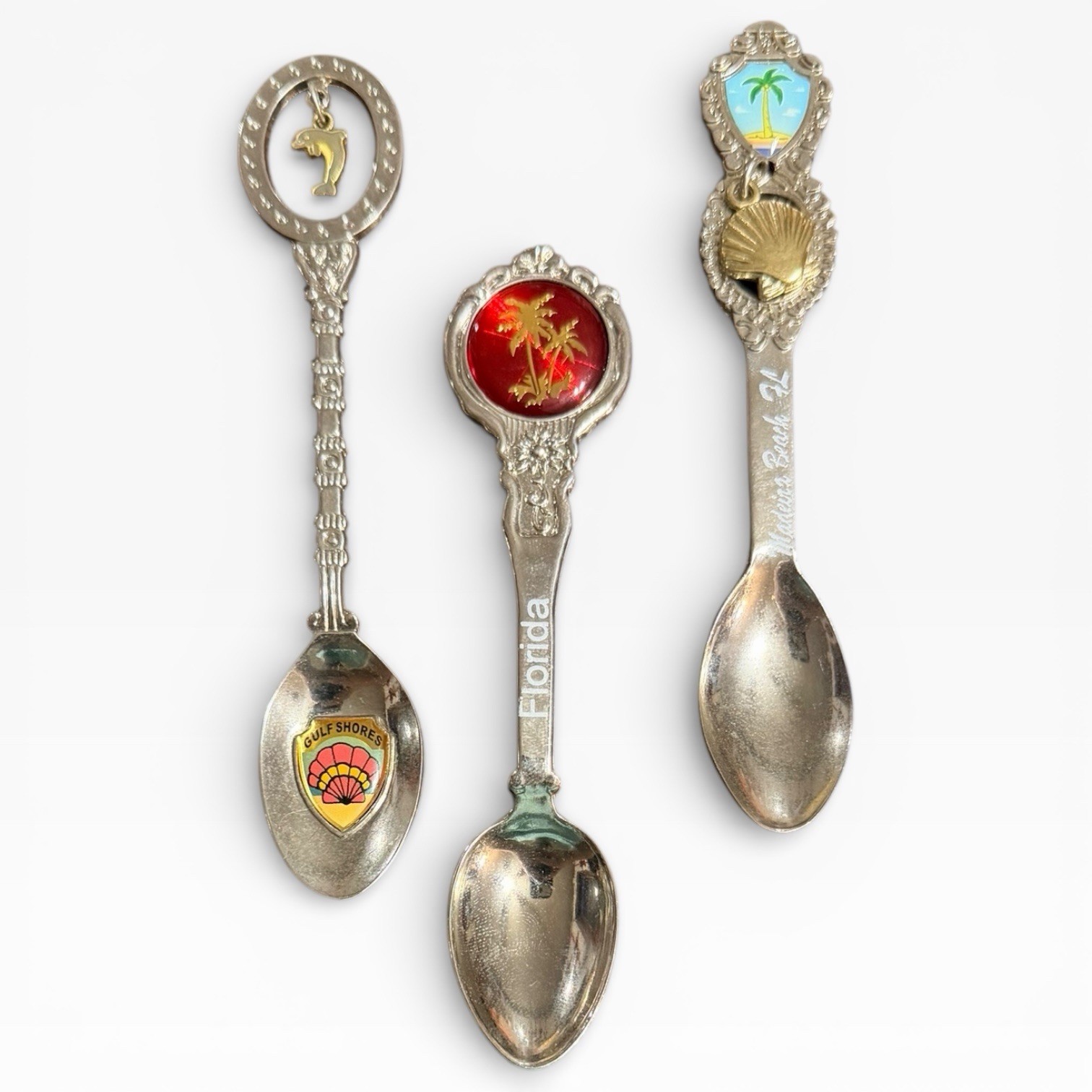 Vintage Souvenir Spoon Set Florida Madeira Beach Gulf Shores Dolphin Shell 3pc