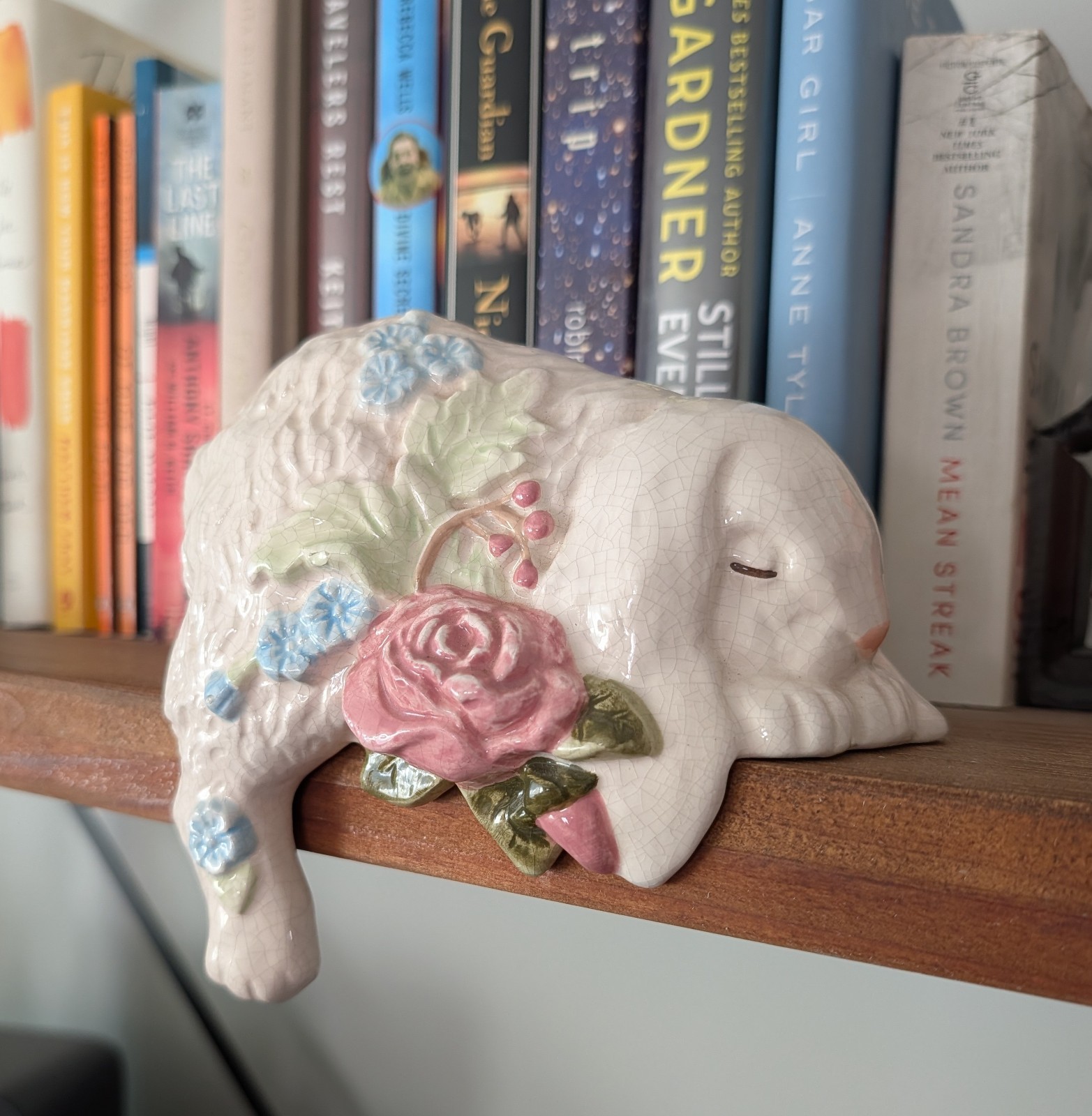 Vintage painted Ceramic shelf sitting sleeping bunny rabbit