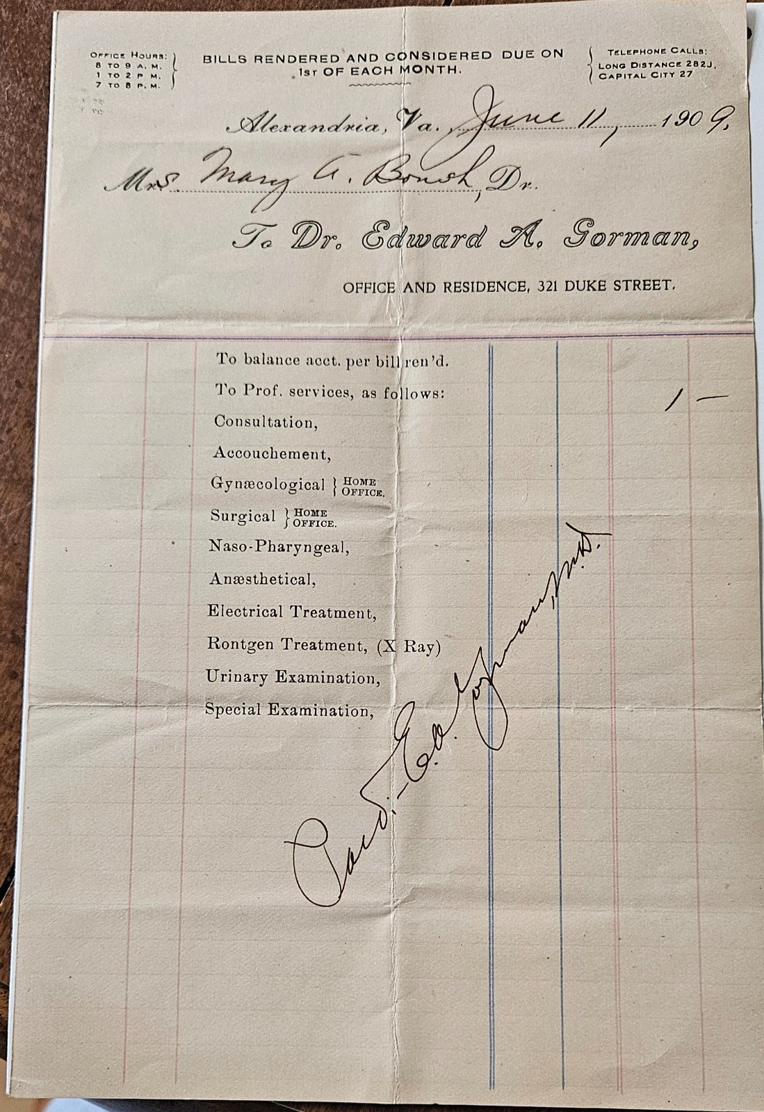 ​Antique 1909 Alexandria VA Medical Billhead Receipt Dr Edward Gorman 321 Duke S