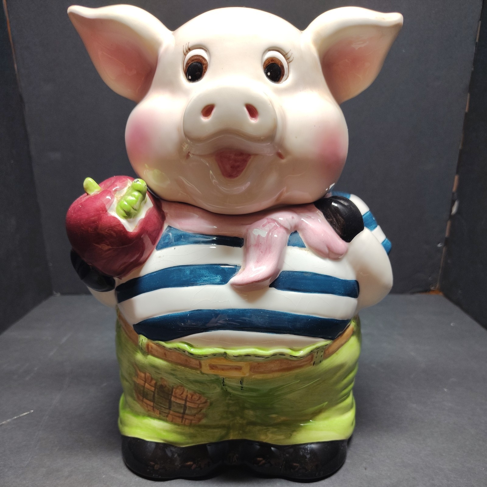 Vintage Pig Cookie Jar 1980s | International Art China | Striped Outfit Apple Vintage Pig Cookie Jar 1980s | International Art China | Striped Outfit Apple