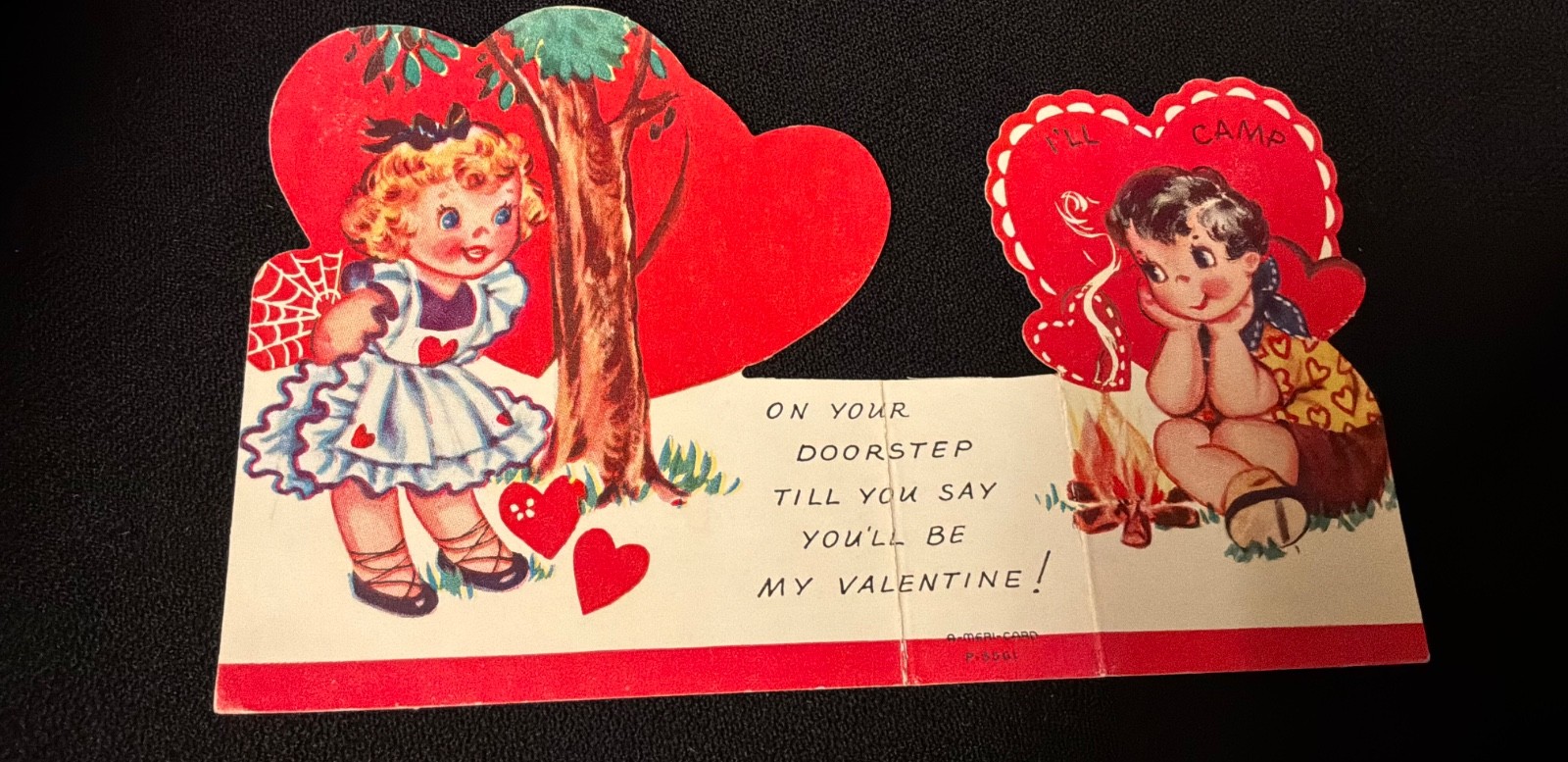 Vintage Boy At Camp Fire Waiting for his valentine Card c. 1940s A-meri-card