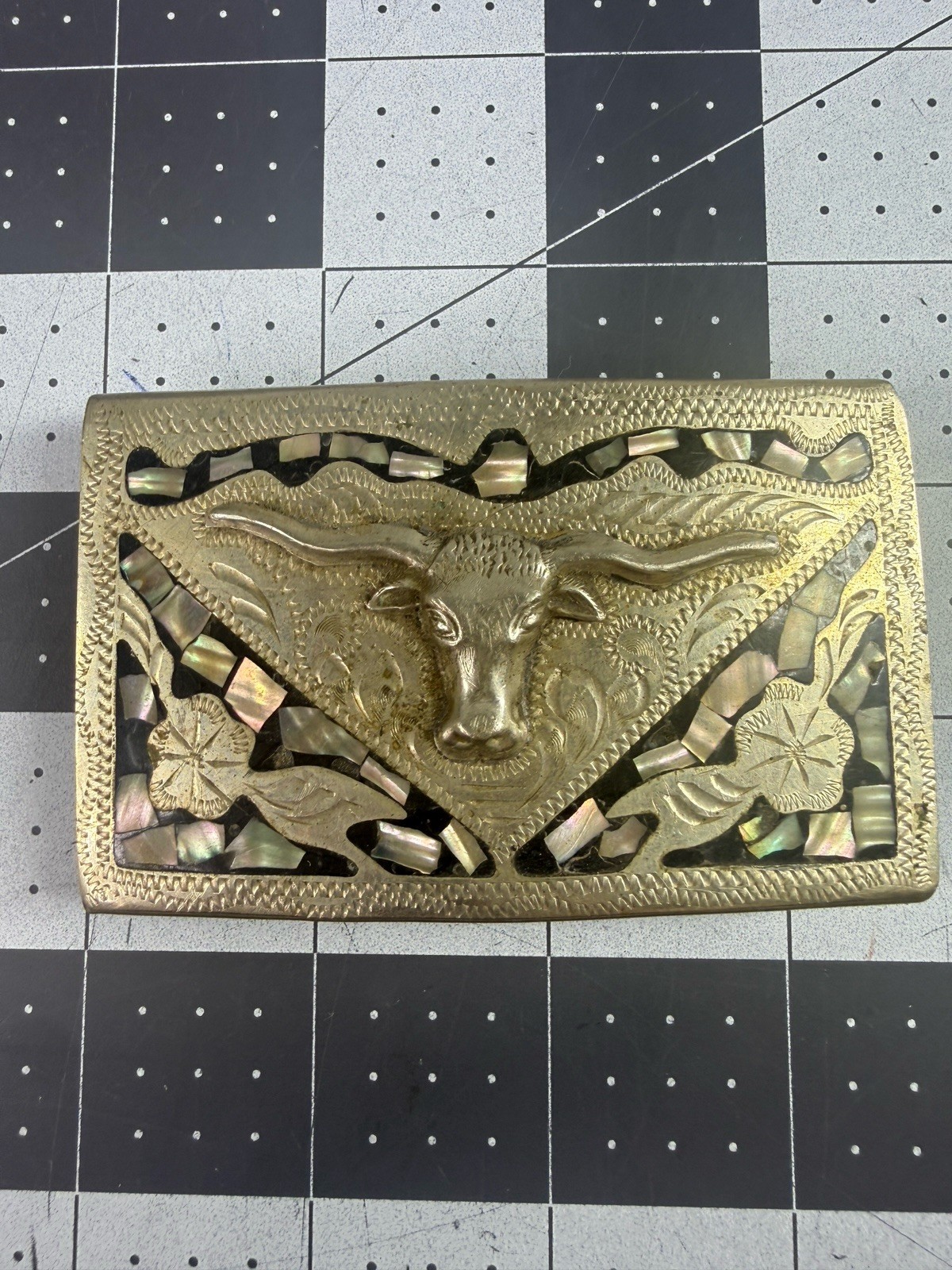VTG Stamped Mexico SilverTone Abalone Inlay Western Steer Engraved Belt Buckle 