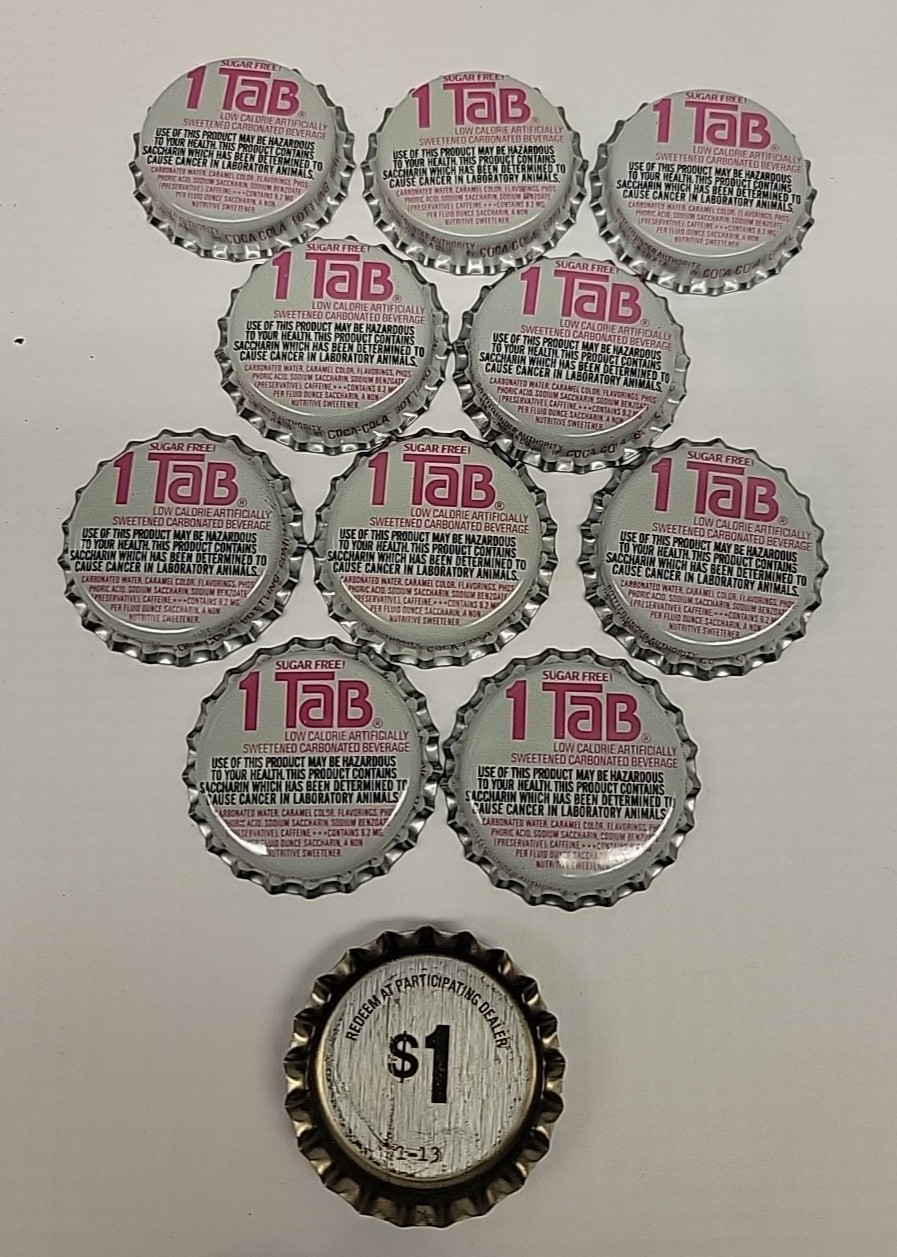 Vintage Tab $1 Winner Bottle Caps – Unused – Lot of 10 – 1980's REAL Promo