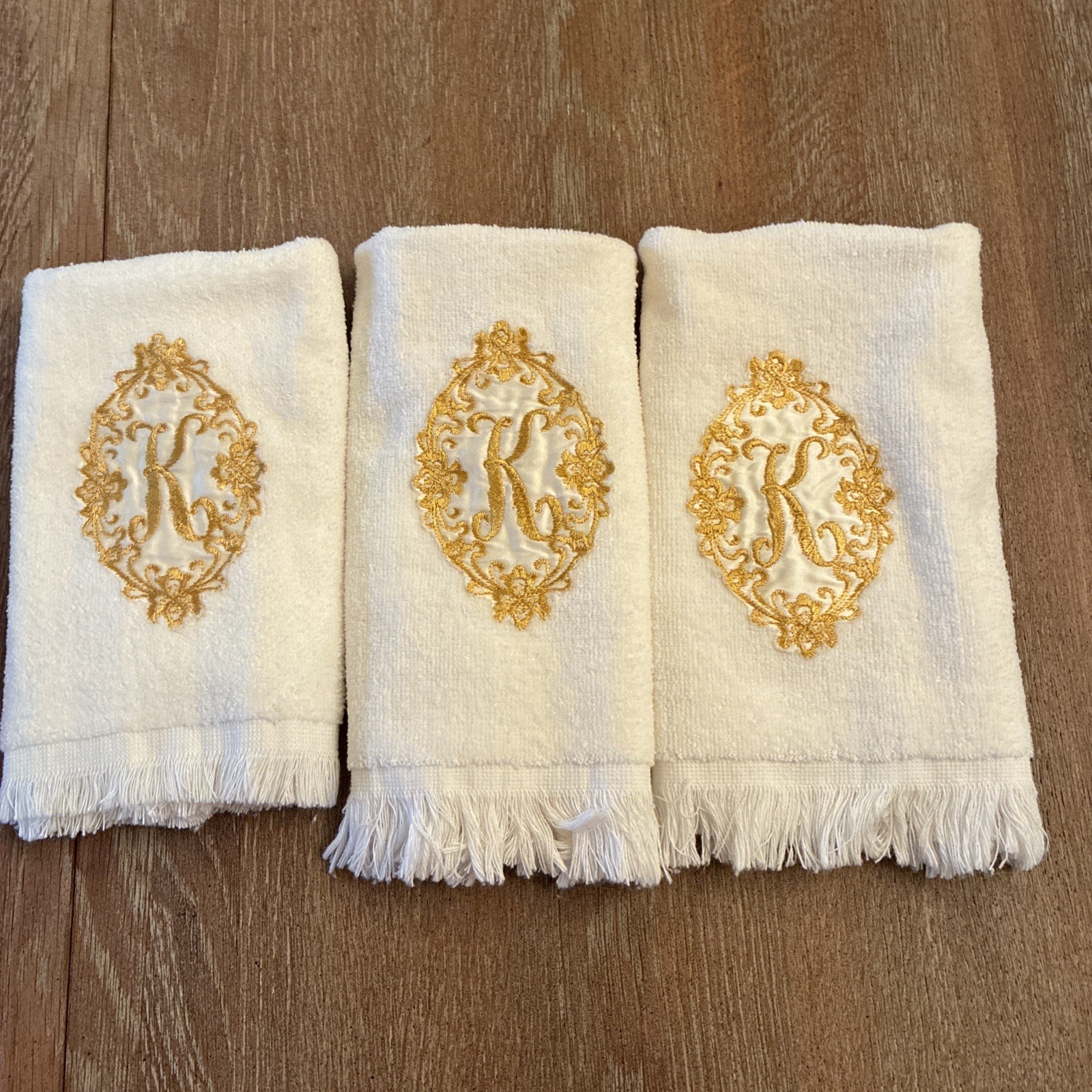 VTG Cannon Monogrammed Initial K Finger Tip Towel Lot Of 3 White With Gold