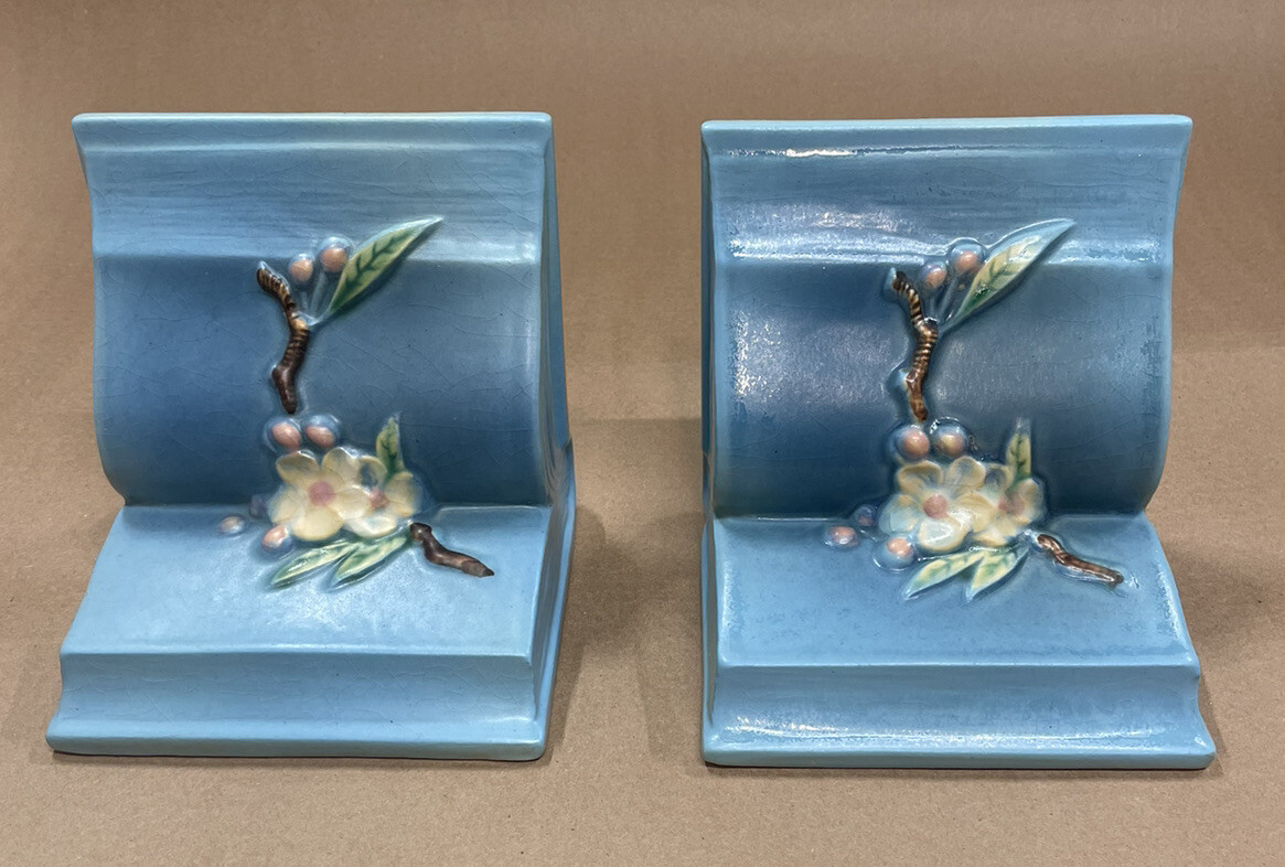 Vintage Roseville Pottery Blue Apple Blossom Bookend #359