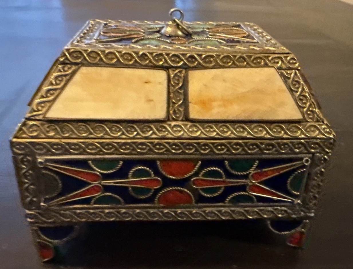Vintage Moroccan Handmade Trinket Box Stained Glass Brass Velvet Lined