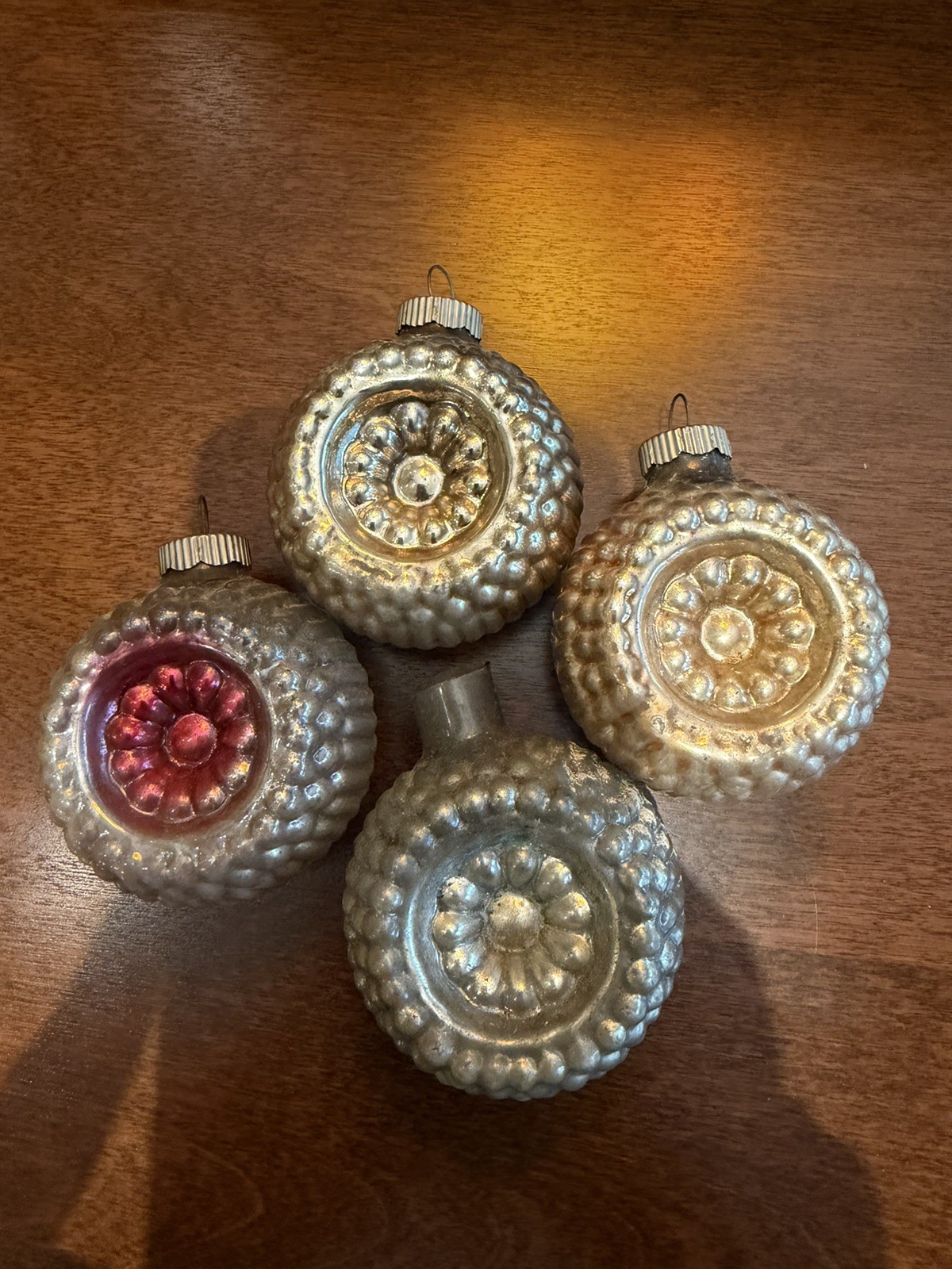 4 Vintage Shiny Brite Double Indent Bumpy Glass Christmas Ornaments multi color 