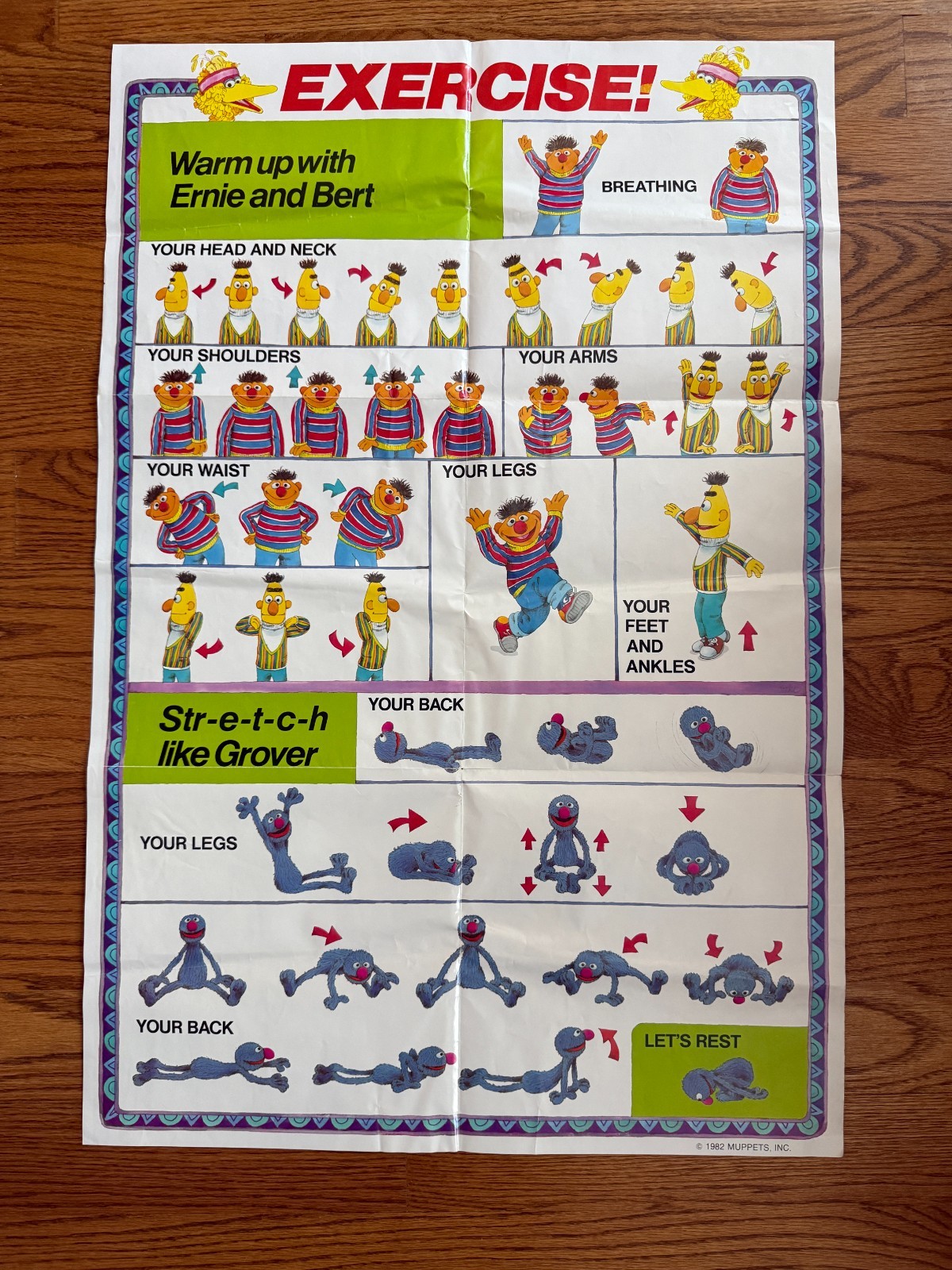 Rare Vintage Bert, Ernie Big Bird and Grover 1982 Muppets Exercise Poster
