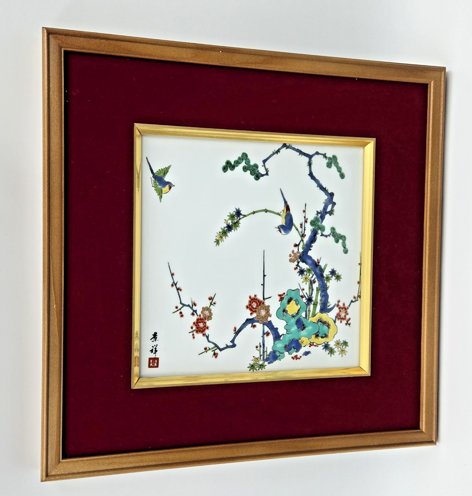 Japanese Floral Art Framed Hand- Painted Porcelain Art - Floral & Birds Motif