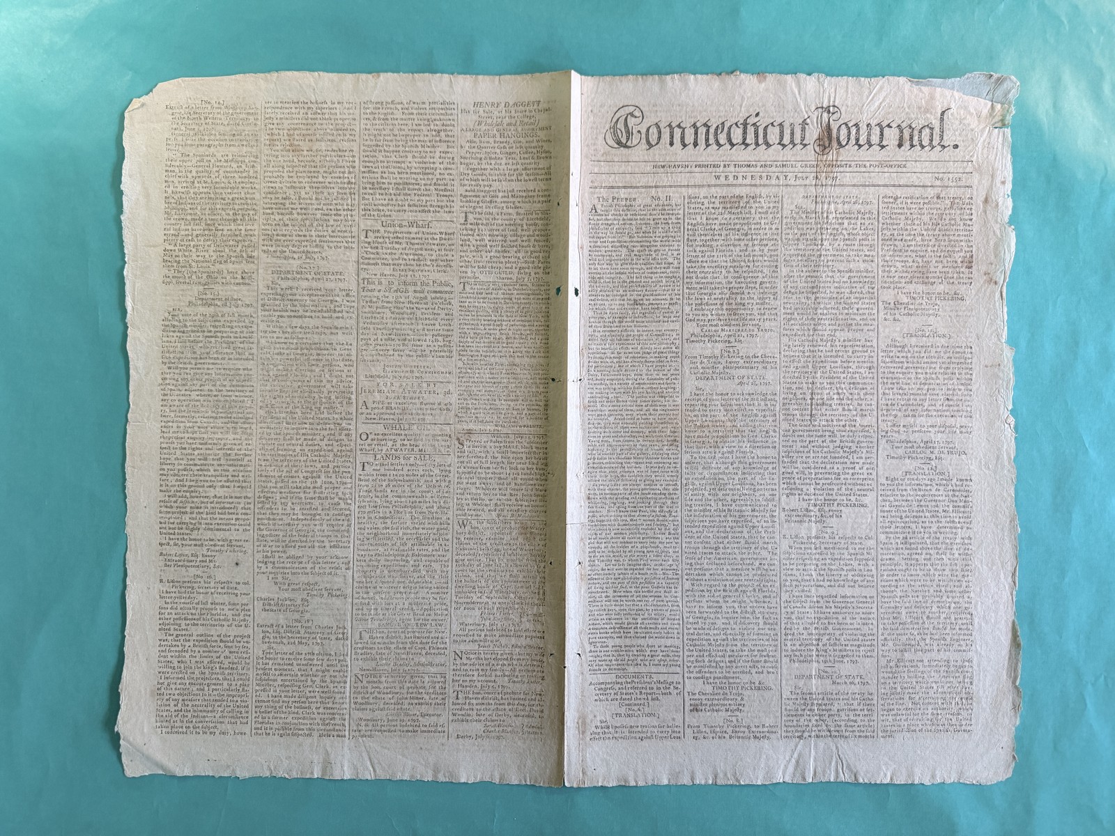 1797 Connecticut Journal July 26 BLOUNT CONSPIRACY, PICKERING Colonial Newspaper 1797 Connecticut Journal July 26 BLOUNT CONSPIRACY, PICKERING Colonial Newspaper