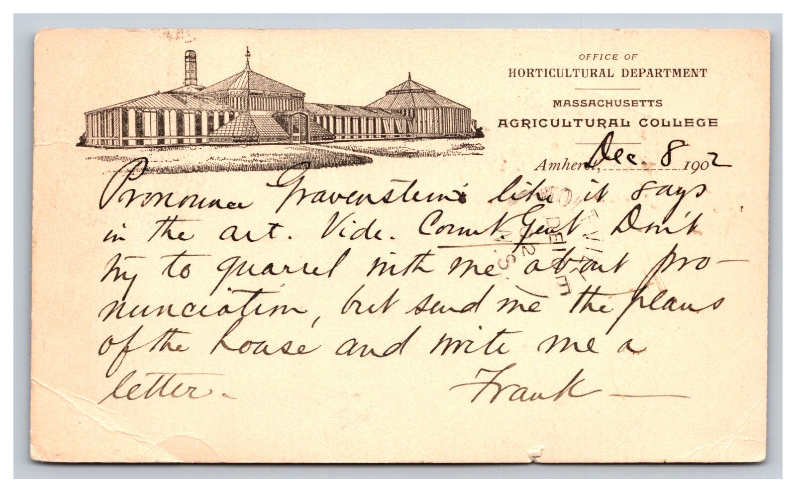 1902 Postal Card Horticultural Dept Ag College Amherst Massachusetts MA Postcard