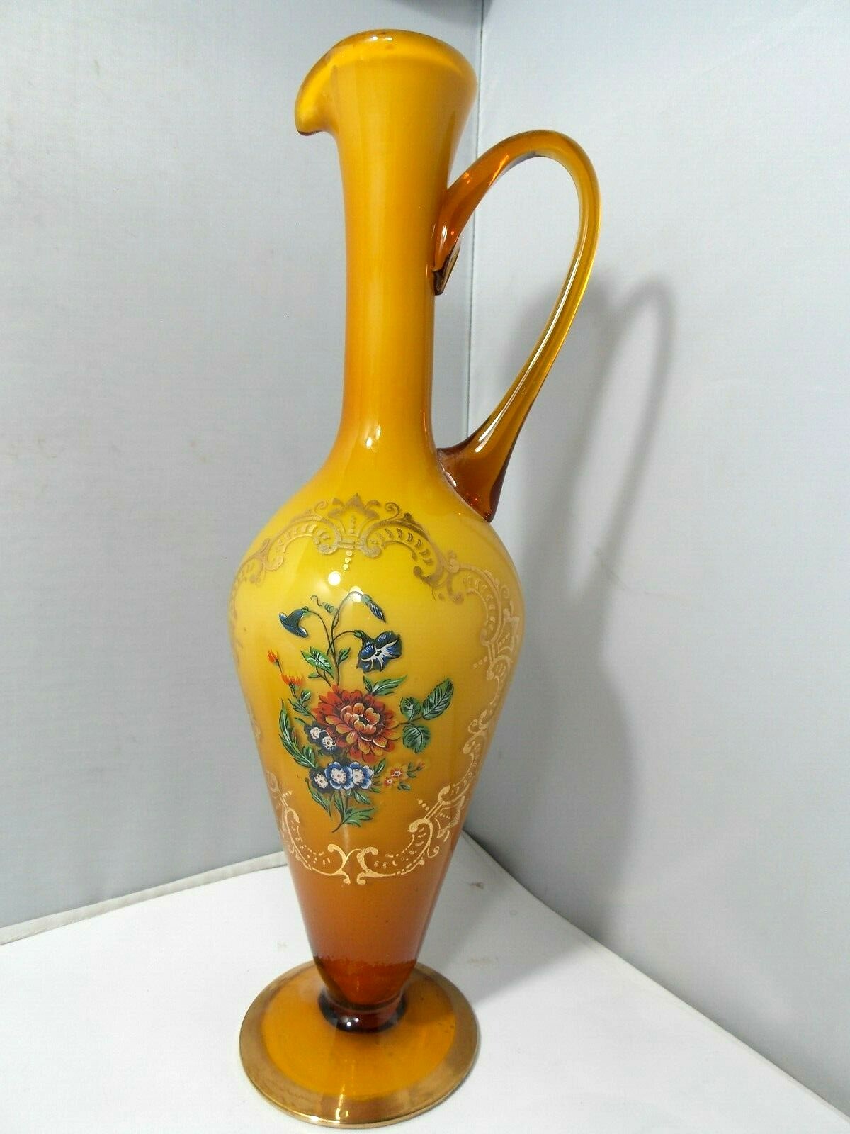 MURANO Ewer Pitcher Art Glass - Amber Cased Flowers & Gold Decorated-Italy Label