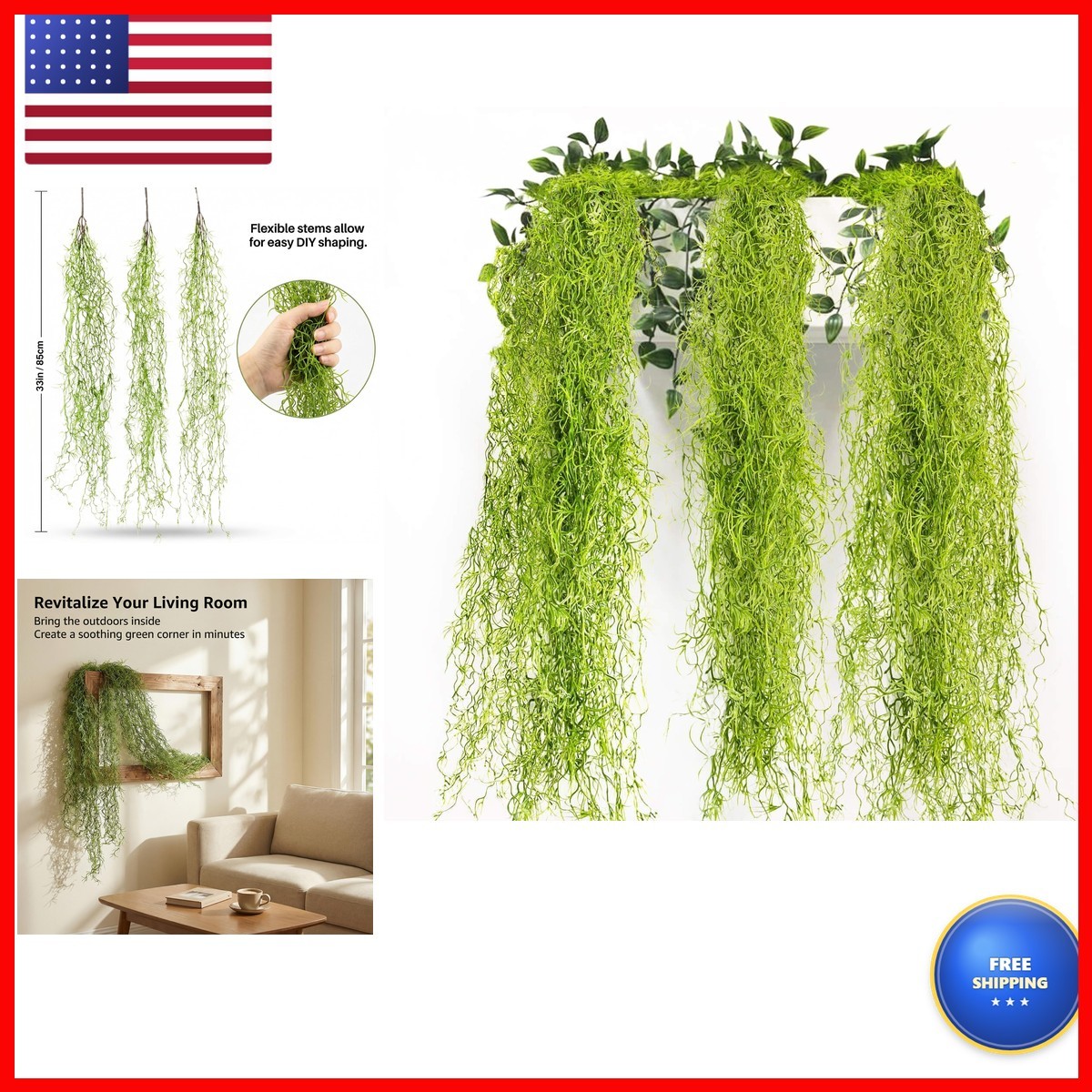 MAQIHAN Fake Spanish Moss 3 PCS Hanging for Plants Indoor