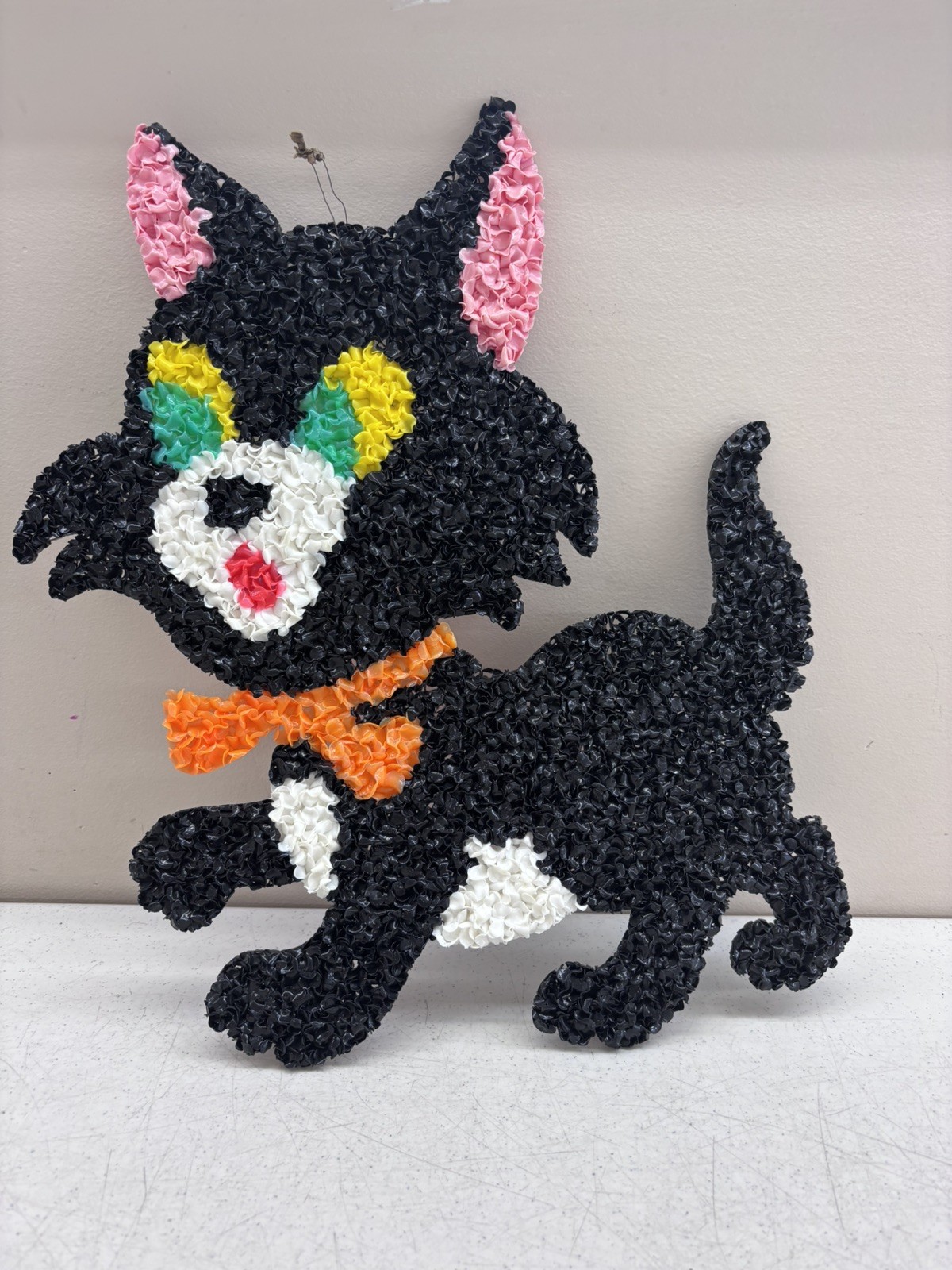 Vintage Melted Popcorn Plastic Decoration Halloween - Black Cat kitty 14”X17”