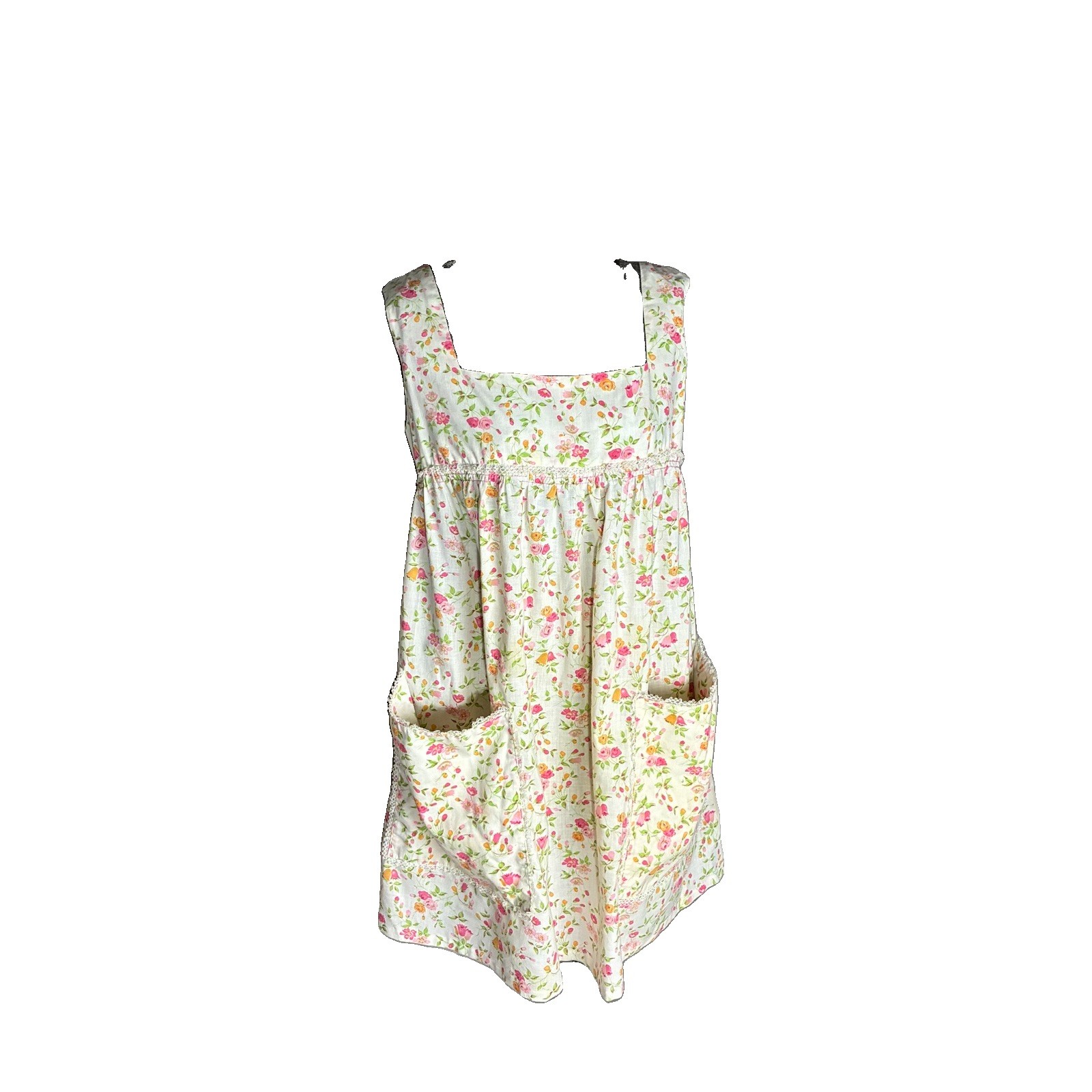 VTG Floral Bib Apron Pockets Back Tie Pink Yellow Women O/S Cottagecore Coquette