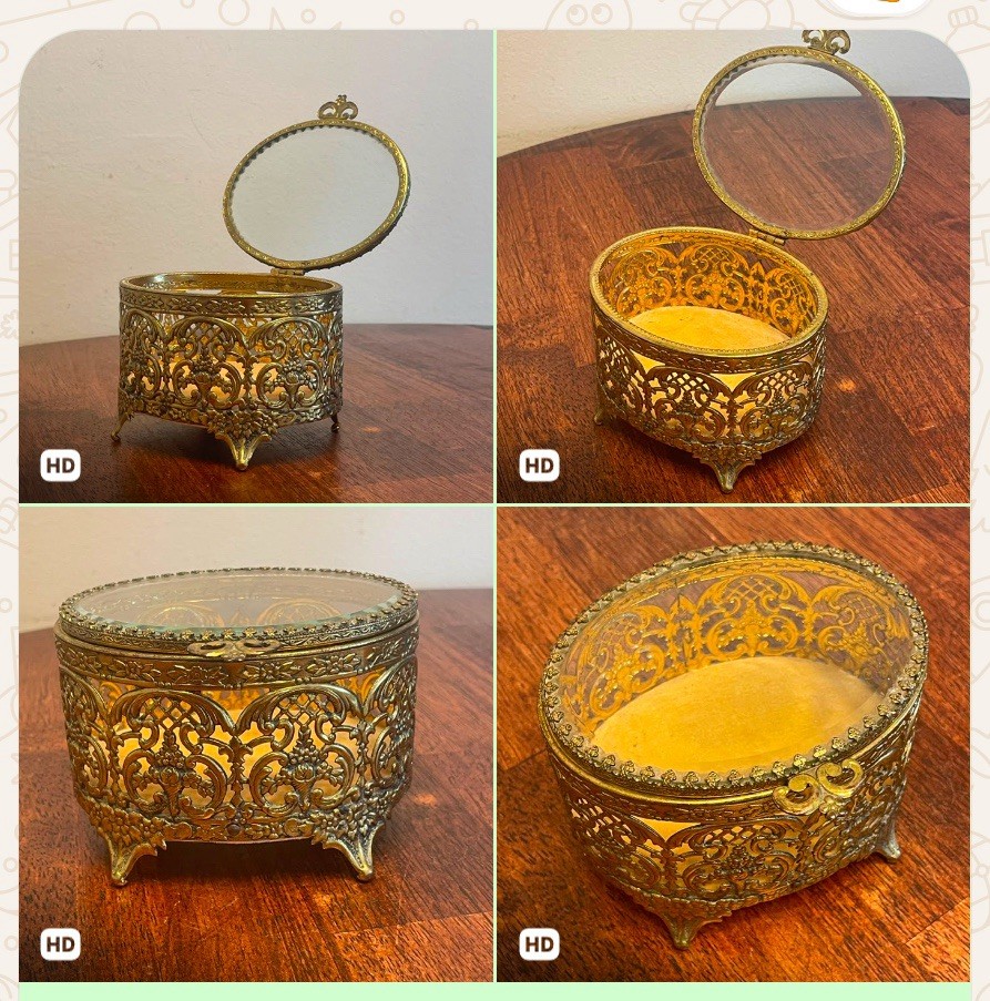 Vintage Ormolu Filigree Gold Metal Jewelry Box Footed Casket Glass Trinket Rare